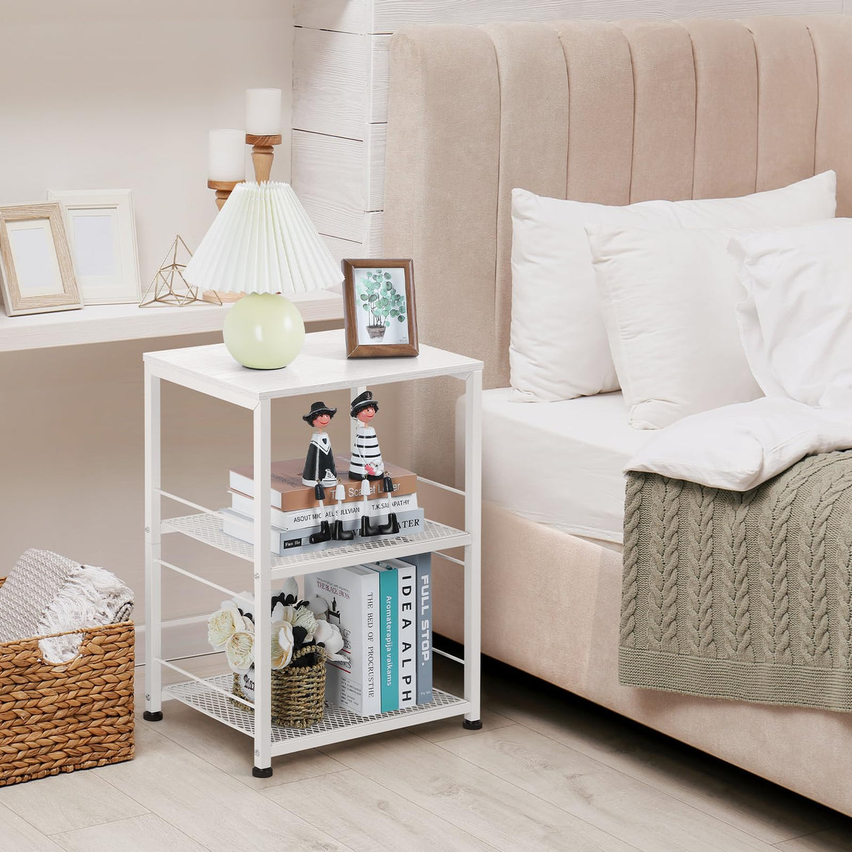 OYEAL End Table, Small Side Table Living Room, White Nightstand with 2-Tier Storage Shelf, Printer Stand Sofa Table for Small Spaces, Living Room, Bedroom, Easy Assembly OYEAL