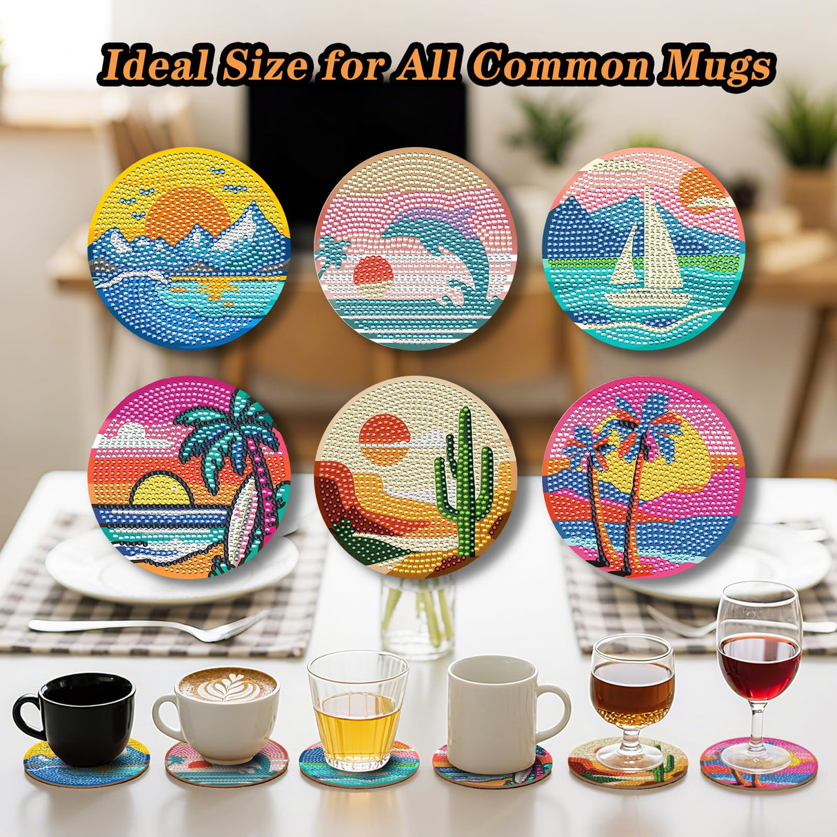 Zynlio Sunset Diamond Paintings Coasters Kits Set with Holder,Diamond Art, DIY Diamond Crafts Coasters for Adults, Diamond Art Painting Kits for Women, Beginners, Diamond Craft Supplies Zynlio