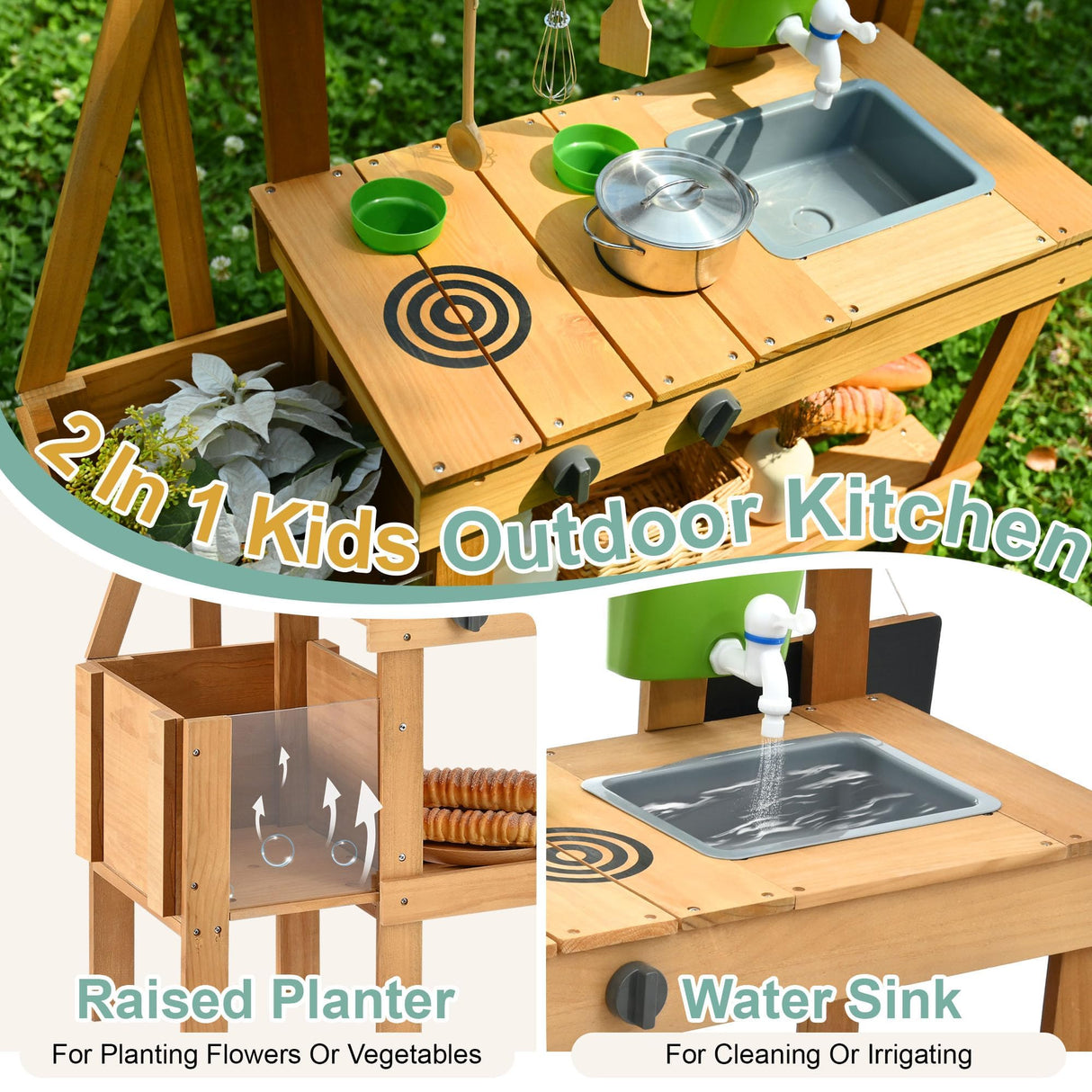 Aoparts Mud Kitchen for Kids Outdoor, Wood Outdoor Kitchen with Planter Box, Toddler Play Kitchen with Sink, Faucet, Blackboard, Water Cup and Kitchen Accessories for Kids Aoparts