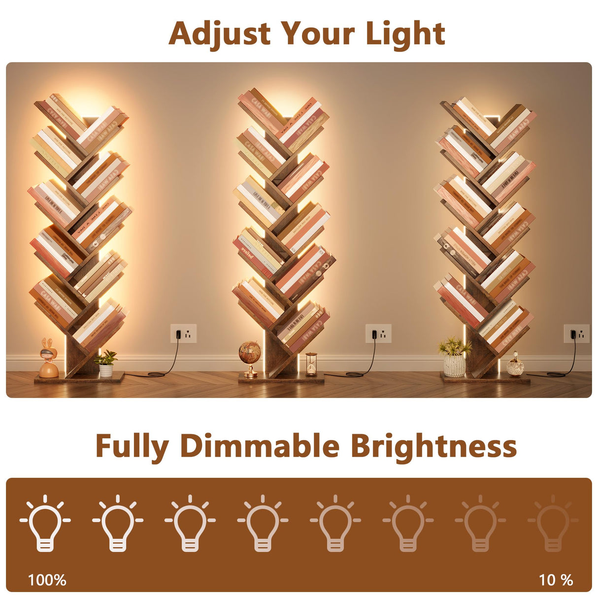 Hoctieon 10 Tier Tree Bookshelf, Tall Bookcase, Freestanding Book Shelf with LED Lights, Display Floor Standing Storage Shelf, Book Organizer Shelves for Home Office, Living Room, Rustic Brown Hoctieon