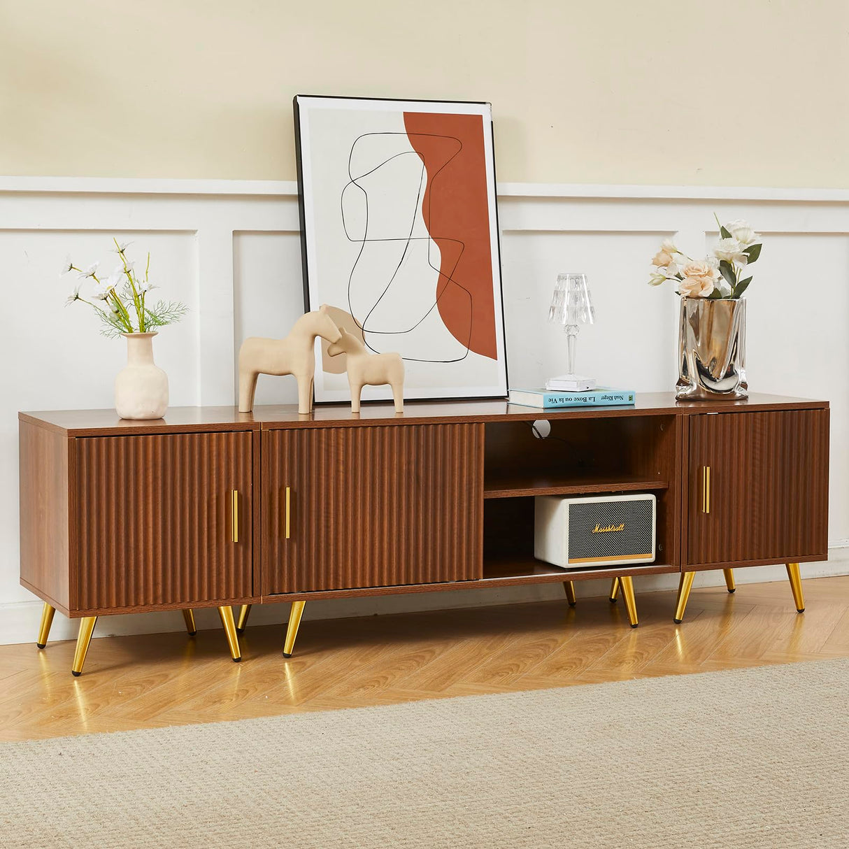 COSVALVE 71" TV Stand for 65/75/80 Inch TVs, Free Combination Walnut Entertainment Center for Living Room, Modern with Fluted Panel, Storage Cabinets, Adjustable Shelves & Metal Legs COSVALVE