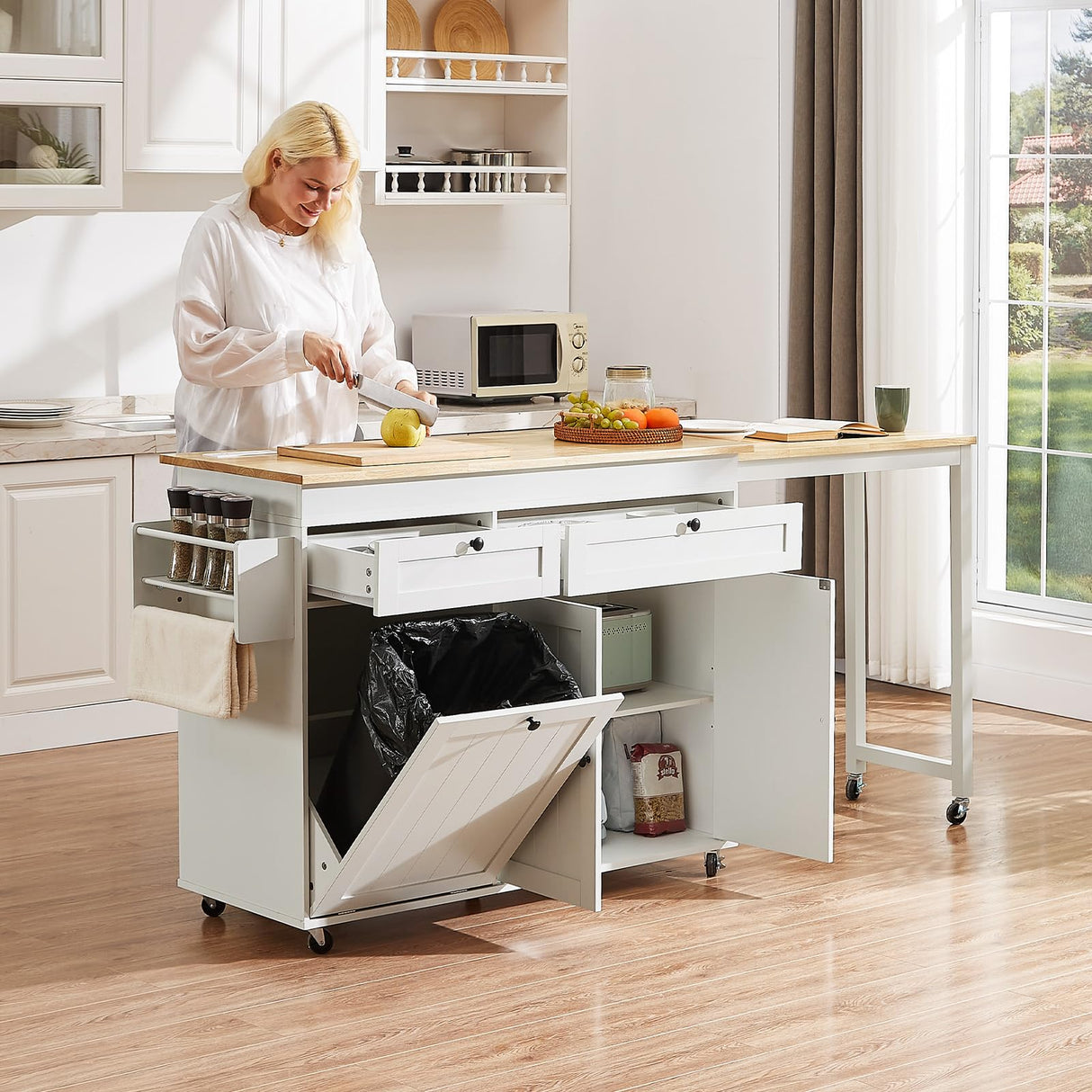 ONBRILL Kitchen Islands with Extendable Dining Table, 81.7" Mobile Kitchen Storage Islands, Rolling Kitchen Cart with Trash Cabinet, Power Outlet, Spice Rack & Towel Rack (White) ONBRILL