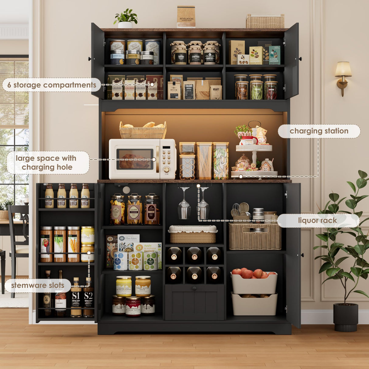 FINETONES 71" Pantry Cabinet with LED Light and Charging Station, Kitchen Pantry Cabinet with Microwave Stand, Kitchen Hutch Food Storage Cabinet with Outlet and Wine Racks, Black FINETONES