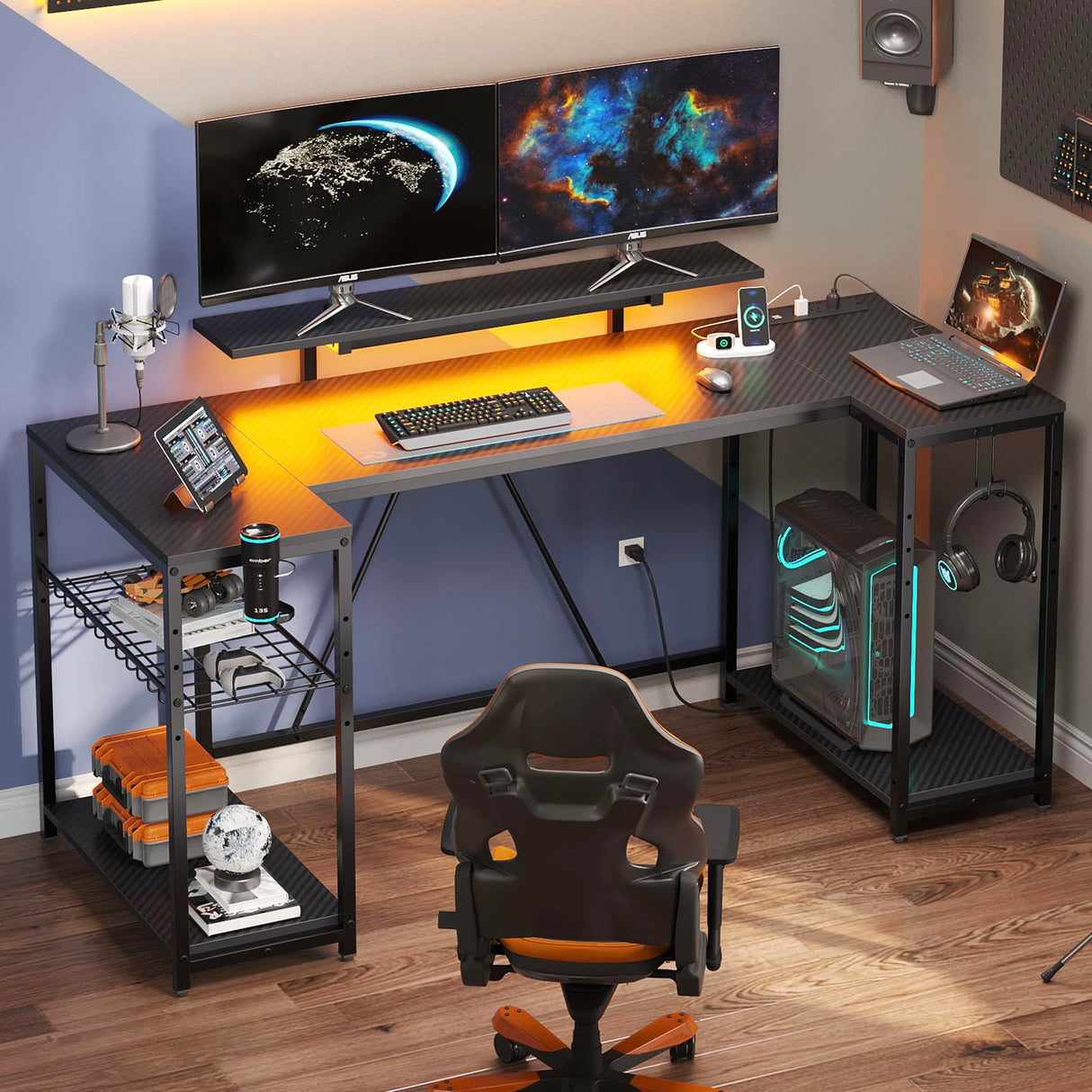 Bestier Gaming Desk with LED Lights & Power Outlets, 63 inch U Shaped Computer Desk with Monitor Stand & Storage Shelves, PC Desk with Cup Holder & Hook for Home Office, Black 3D Carbon Fiber Bestier
