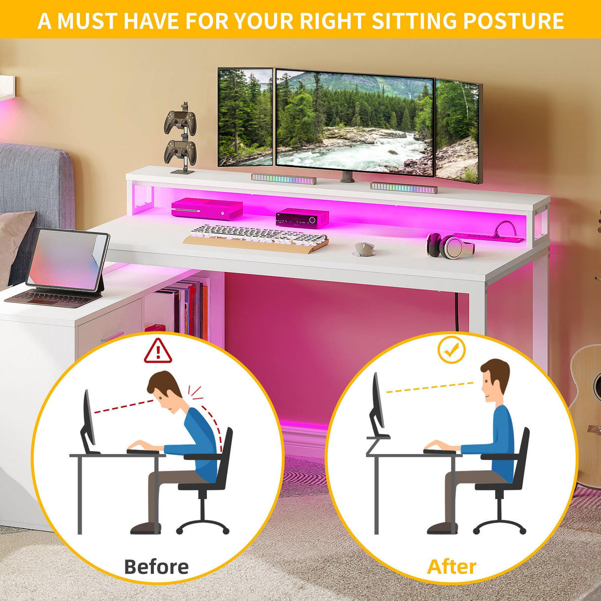 DWVO L Shaped Desk with Drawers, 55" Corner Computer Desk with Power Outlets & LED Lights, Home Office Desk with File Cabinet, White DWVO