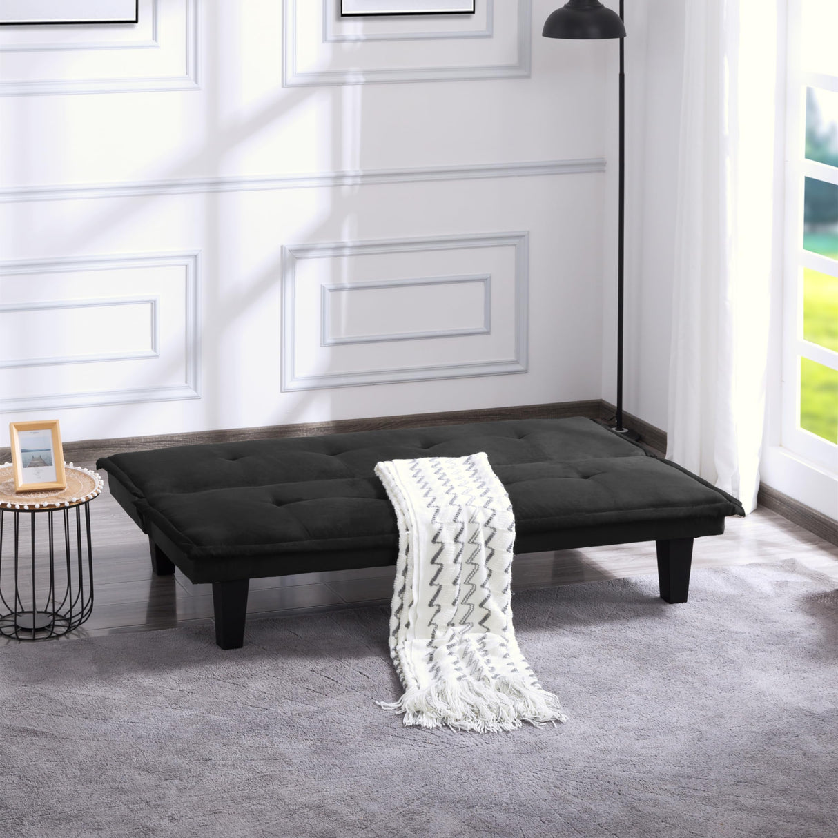 SumKea 63.8" Futon Bed with Adjustable Backrest and Suede Upholstery – Multi-Functional Sleeper Sofa for Home and Office, Black SumKea