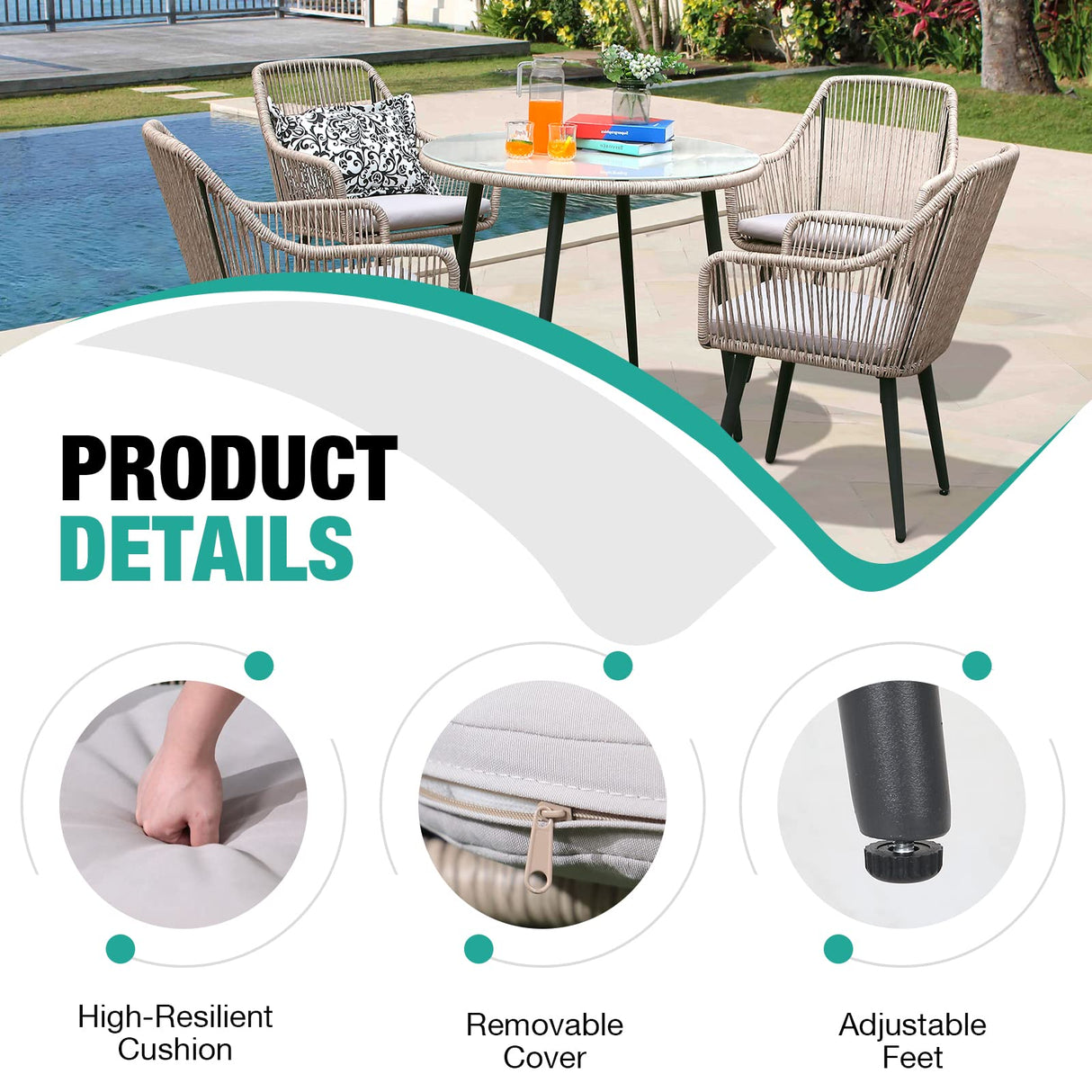 Patiorama 5-Piece Patio Dining Set, Outdoor Dining Table Chair Set, All-Weather Twisted Rattan Wicker Rope Conversation Set, Patio Furniture Set w/Umbrella Hole, 4 Cushioned Chairs&Glass Table(Tan) Patiorama