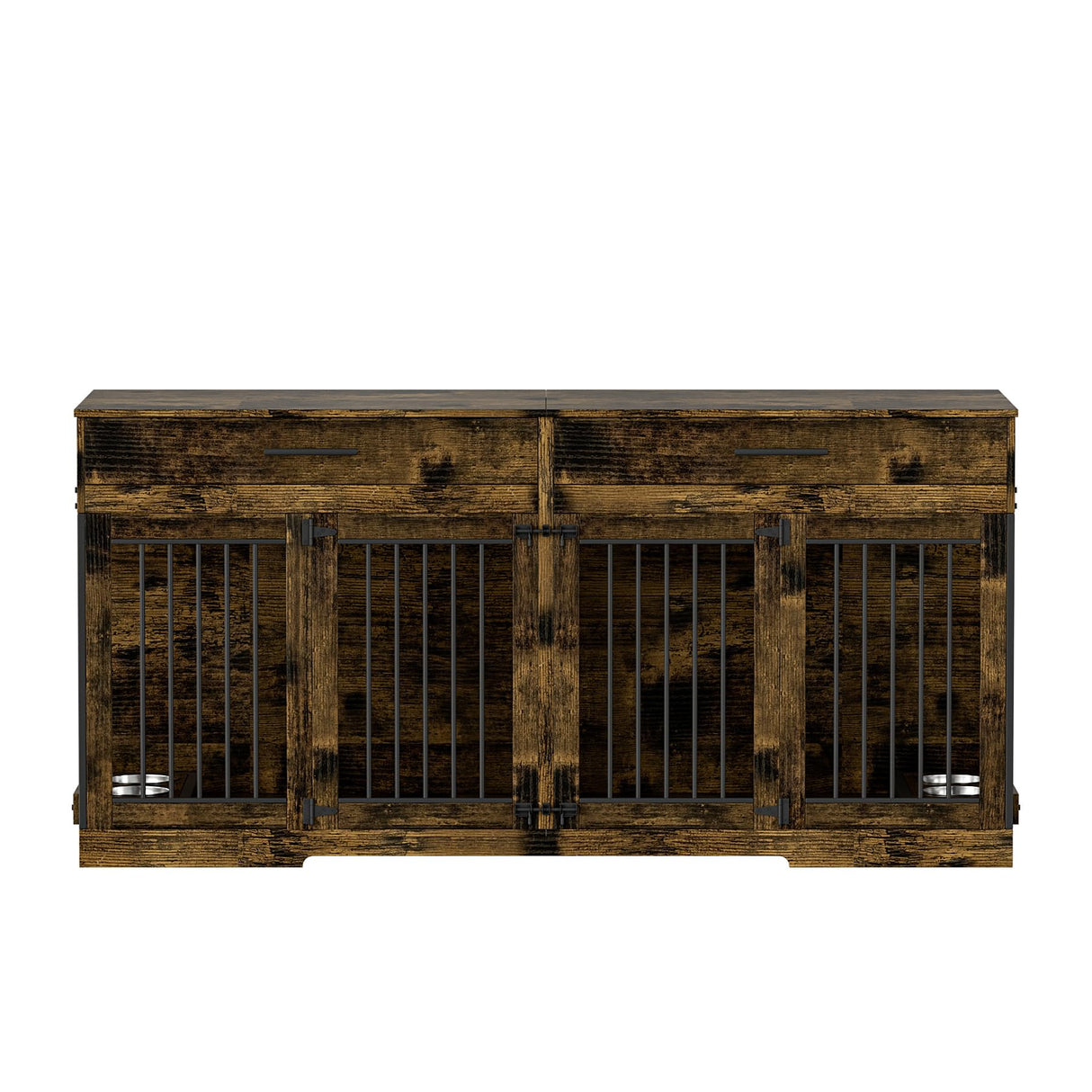 OUYESSIR Dog Crate Furniture, 72.05 Inch Wooden Large Dog Kennel with 2 Drawers & Dog Bowls, Dog House with Double Doorss & Divider, Heavy Duty Indoor Dog Cage for Large Medium Dogs, Rustic Brown OUYESSIR