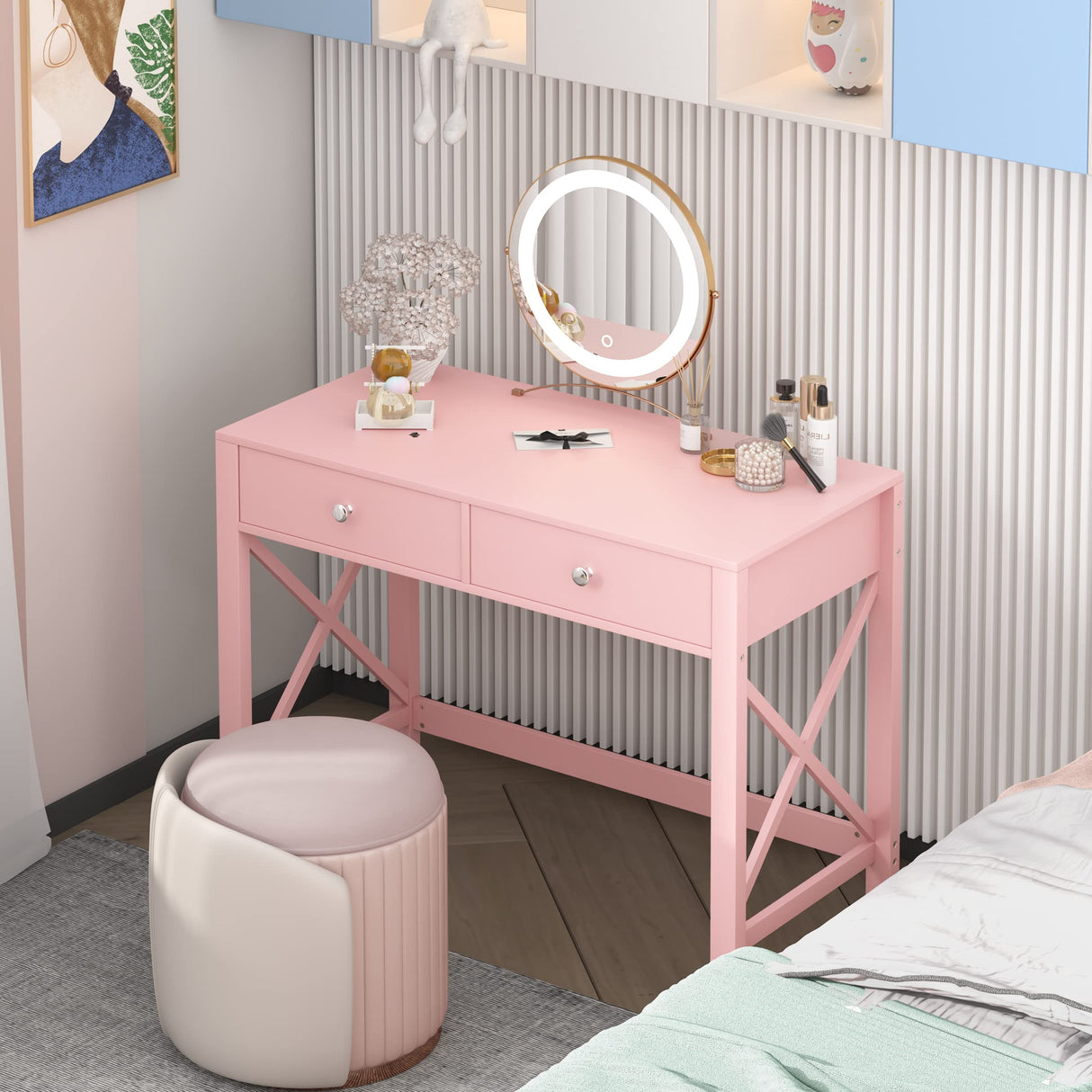 WiberWi Home Office Desk with Drawers, Modern Writing Computer Desk for Bedroom, Small Pink Makeup Vanity Table Desk for Girls, Study Table for Home Office WiberWi