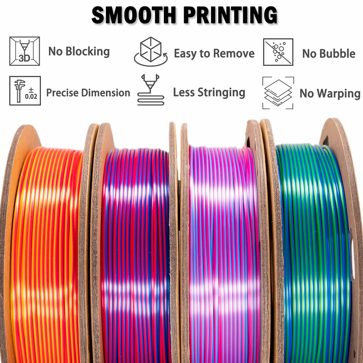 OVV3D 3D Printer Filament, PLA Filament 1.75mm Bundle, Dual Color Filament, Coextrusion 3D Filament, Silk PLA Color Change Every Inch, 3D Printing Filament +/-0.02mm, 200g X 4 Spool OVVNYXE