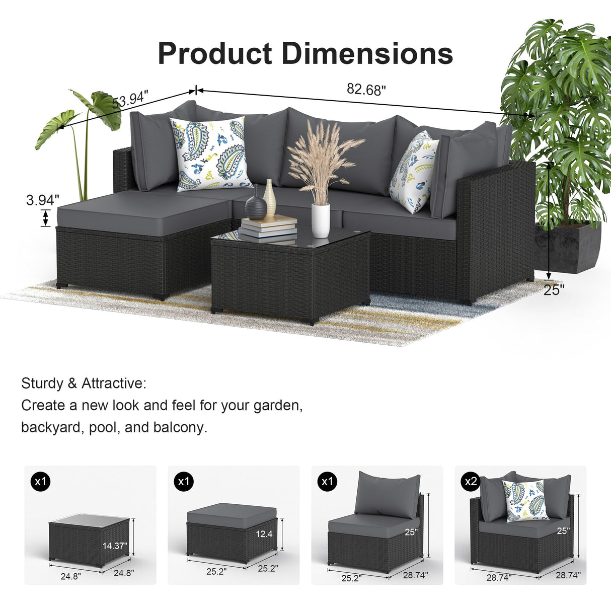 Patio Furniture Set, 5PCS Outdoor Conversation Sets Waterproof Rattan Sectional Sofa with 4” Thickened Cushion Modular Wicker Patio Furniture Set with Glass Top Table for Balcony, Backyard (Grey) Phonjoroo