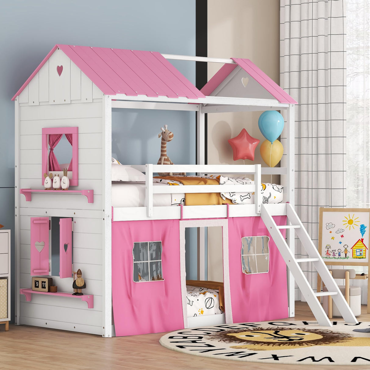 Harper & Bright Designs House Twin Loft Bunk Bed with Tent, Kids Loft Bed with Ladders,Guardrail, Windows and Roof, Wood Twin Over Twin Playhouse Bunk Bed for Kids Teens Boys & Girls (Pink & White) Harper & Bright Designs