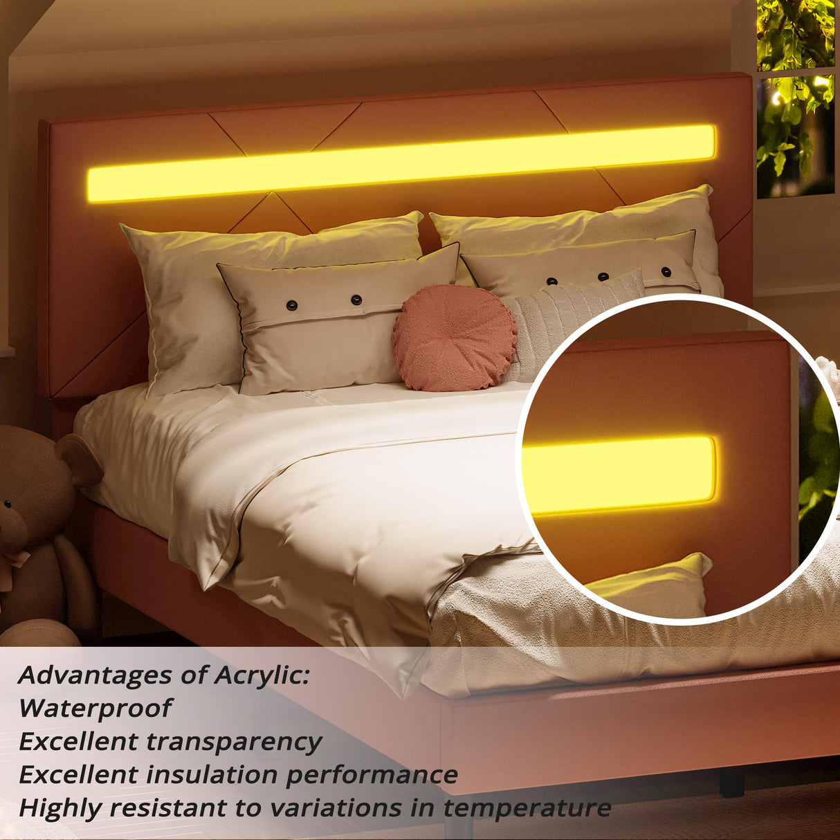 LIKIMIO Queen Bed Frame with LED Lights(Smart APP Control), Upholstered Modern Platform Bed Frame, No Box Spring Needed/Noise-Free/Easy Assembly, Pink LIKIMIO