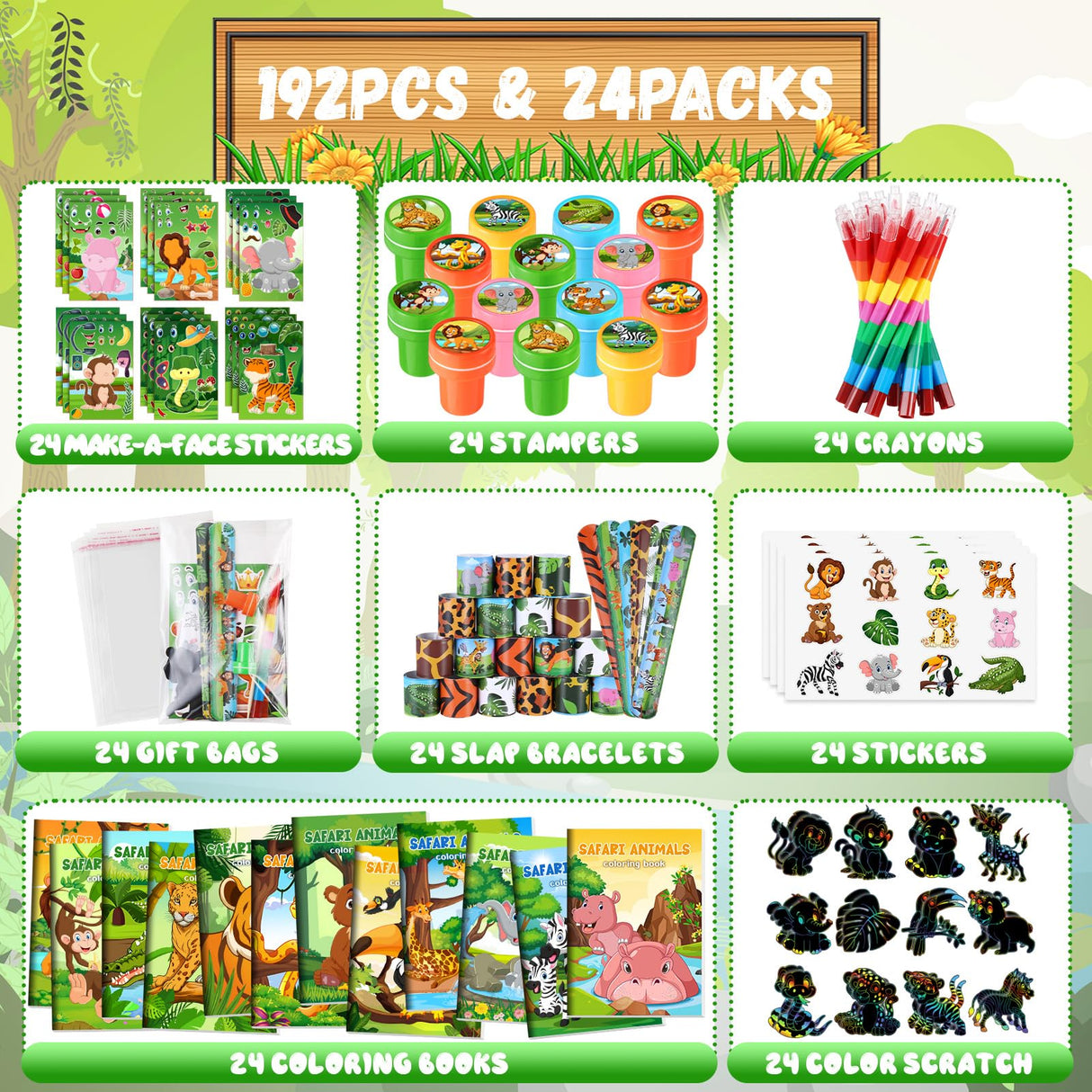 BenLouis 192Pcs Jungle Safari Party Favors Zoo Animals Coloring Books Crayons Sticker Stampers Slap Bracelets Set Bulk Classroom Prizes for Kids Wild One Party Baby Shower Goodie Bags Fillers BenLouis