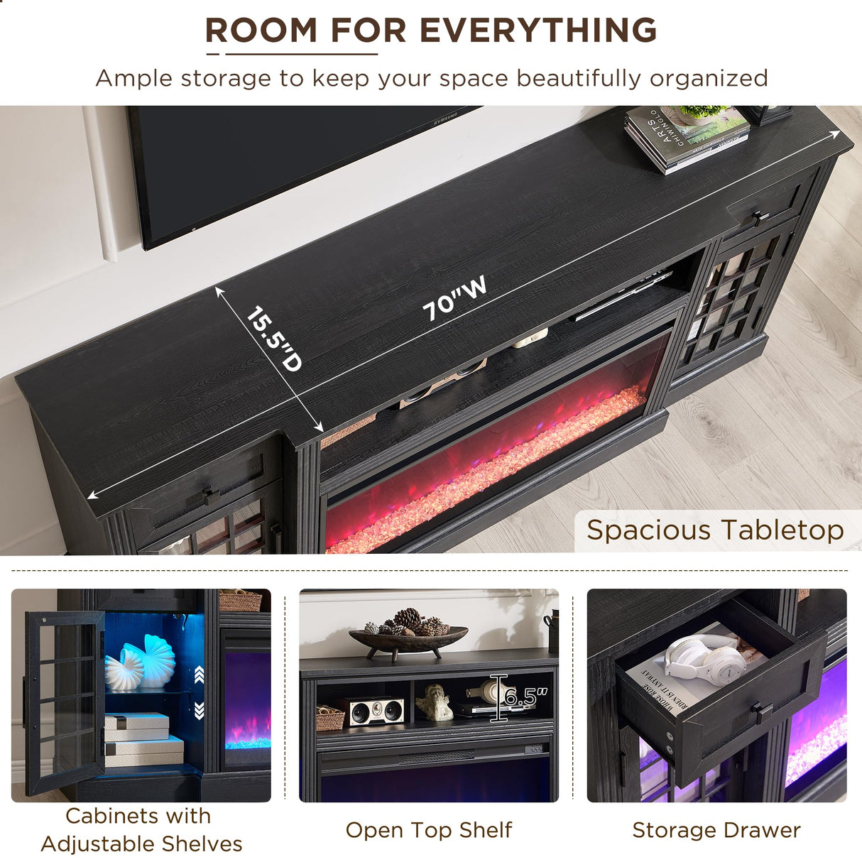 JXQTLINGMU Fireplace TV Stand for 80 Inch TV, Farmhouse Highboy Entertainment Center w/LED Lights & 36" Electric Fireplace, Large Media Console w/Glass Door Cabinet & Storage Drawer, Black JXQTLINGMU