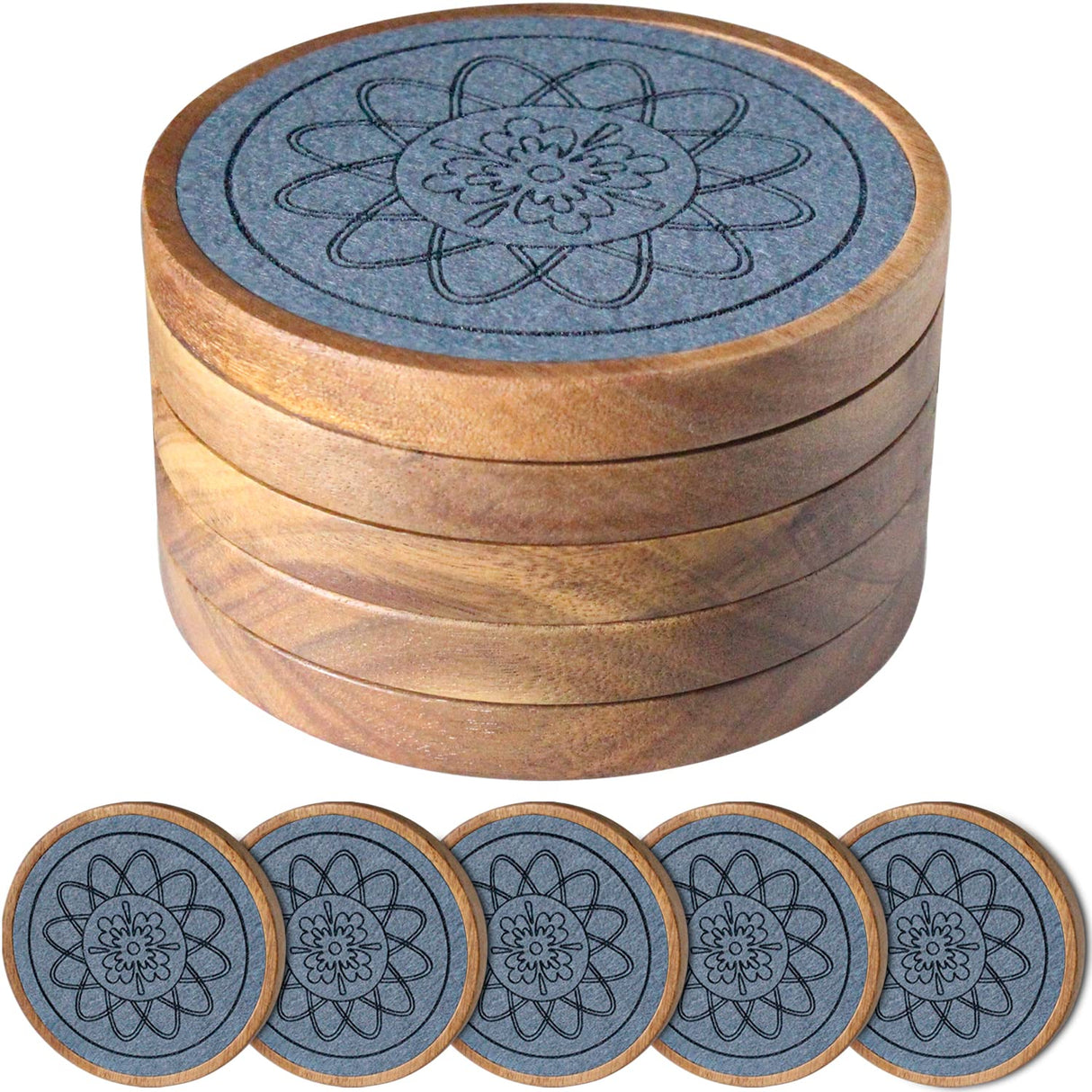 EDEGG Wood Coasters for Drinks, Absorbent Coaster Sets of 5, Drinks Coasters for Coffee Tabletop Protection, Non-Slip, Non-Stick, Suitable for Kinds of Cups Wooden Table Hot or Cold Drink, 4.3 Inches EDEGG