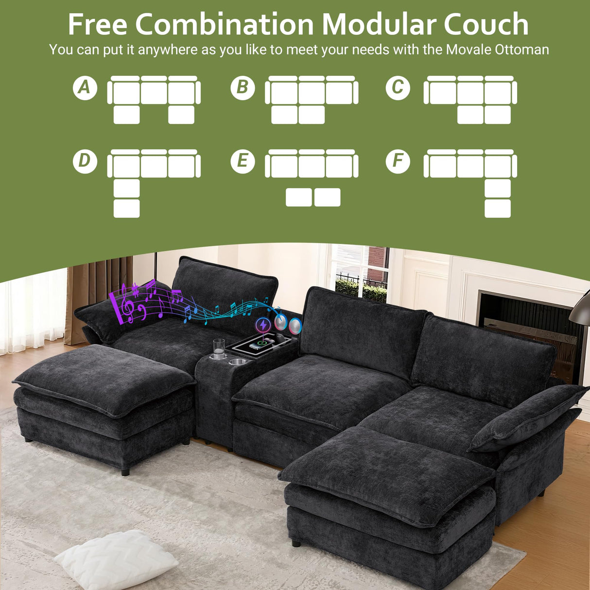 EYATZO 124" U Shaped Cloud Couch, Modular Sectional Sofa with Movable Ottomans, Modern Deep Seat Sofas for Living Room, Comfy Chenille Sectionals with Central Console & Bluetooth Speakers (Black) EYATZO