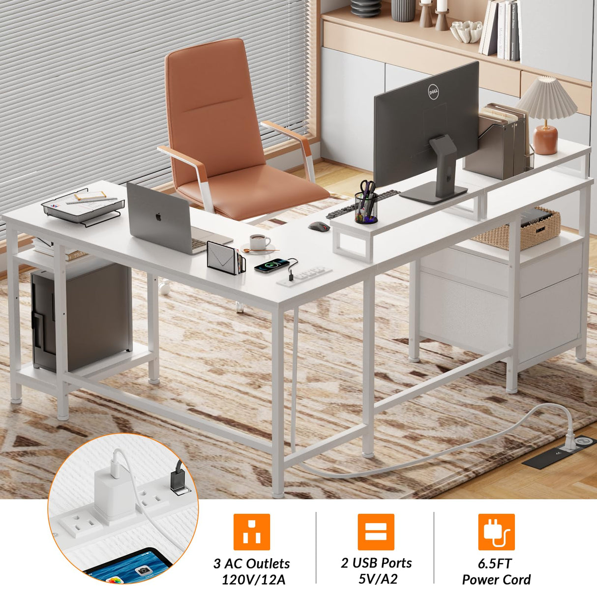 Furologee White 59” L Shaped Desk with Power Outlet, Reversible Computer Desk with File Drawer & 2 Monitor Stands, Corner Home Office Desk with Storage Shelves for Gaming Writing Furologee
