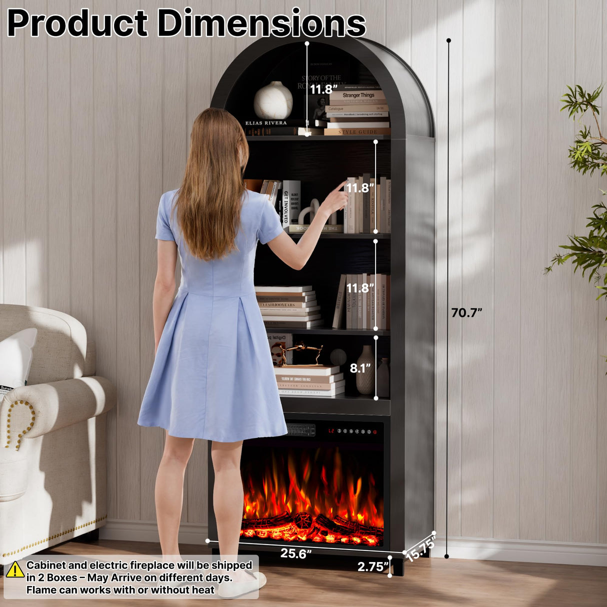 2-in-1 Arched Cabinet with Electric Fireplace–Black Bookcase, Open Book Shelf for Living Room, 71” Tall Wooden Display Cabinet, Kitchen Pantry, Adjustable Shelves, 23'' ETL-Certified Fireplace Insert BREEZEHEAT