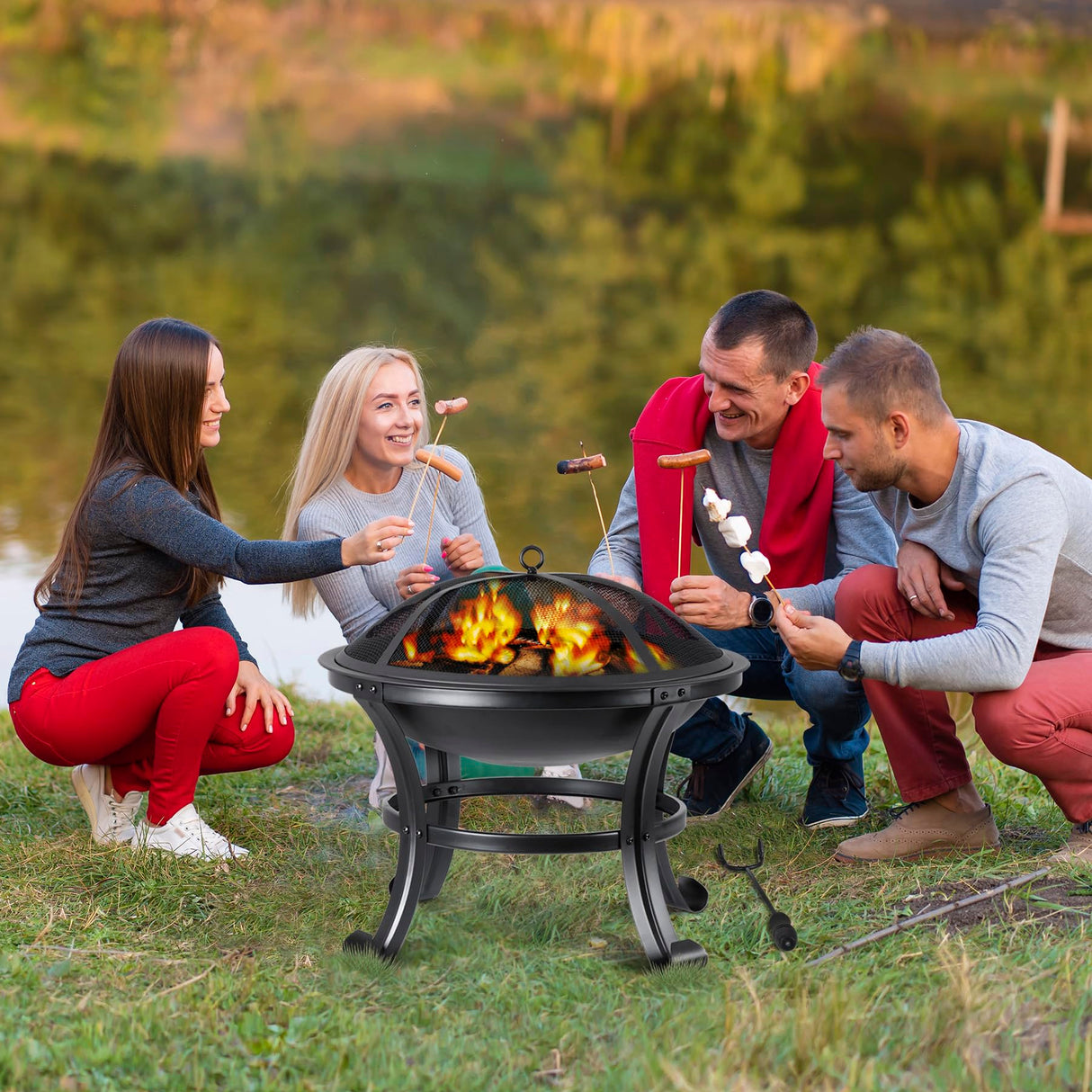 22 Inches Portable Fire Pit Outdoor Wood Burning Steel Lightweight BBQ Grill Firepit Bowl with Log Grate&Poker for Outside Patio Campfire Bonfire Backyard Nouva