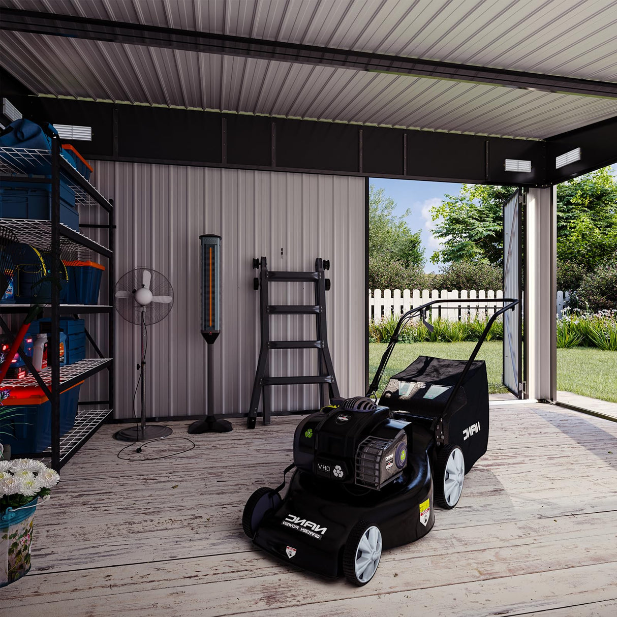 BinpLax 434 cu.ft Shed 12x7.4 Ft Premium Galvanized Steel Storage Sheds with Triple Doors Weatherproof Outdoor Utility Sheds, Dual Lock Lean to Shed for Mower, Bike, Generator, Garden Tools (Black) BinpLax