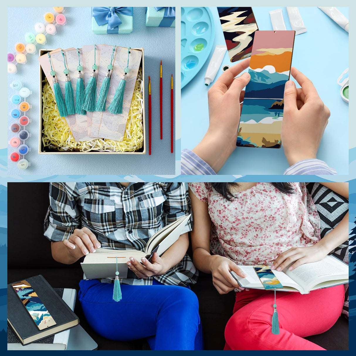 Kosiz 12 Pcs Mountain Paint by Numbers Kit for Adults Wood Bookmarks Painting Decor Mini Paint by Numbers Kits Tassels Blank Bookmarks Ornament for Small DIY Book Lovers Birthday Craft Gift 7x2 '' Kosiz