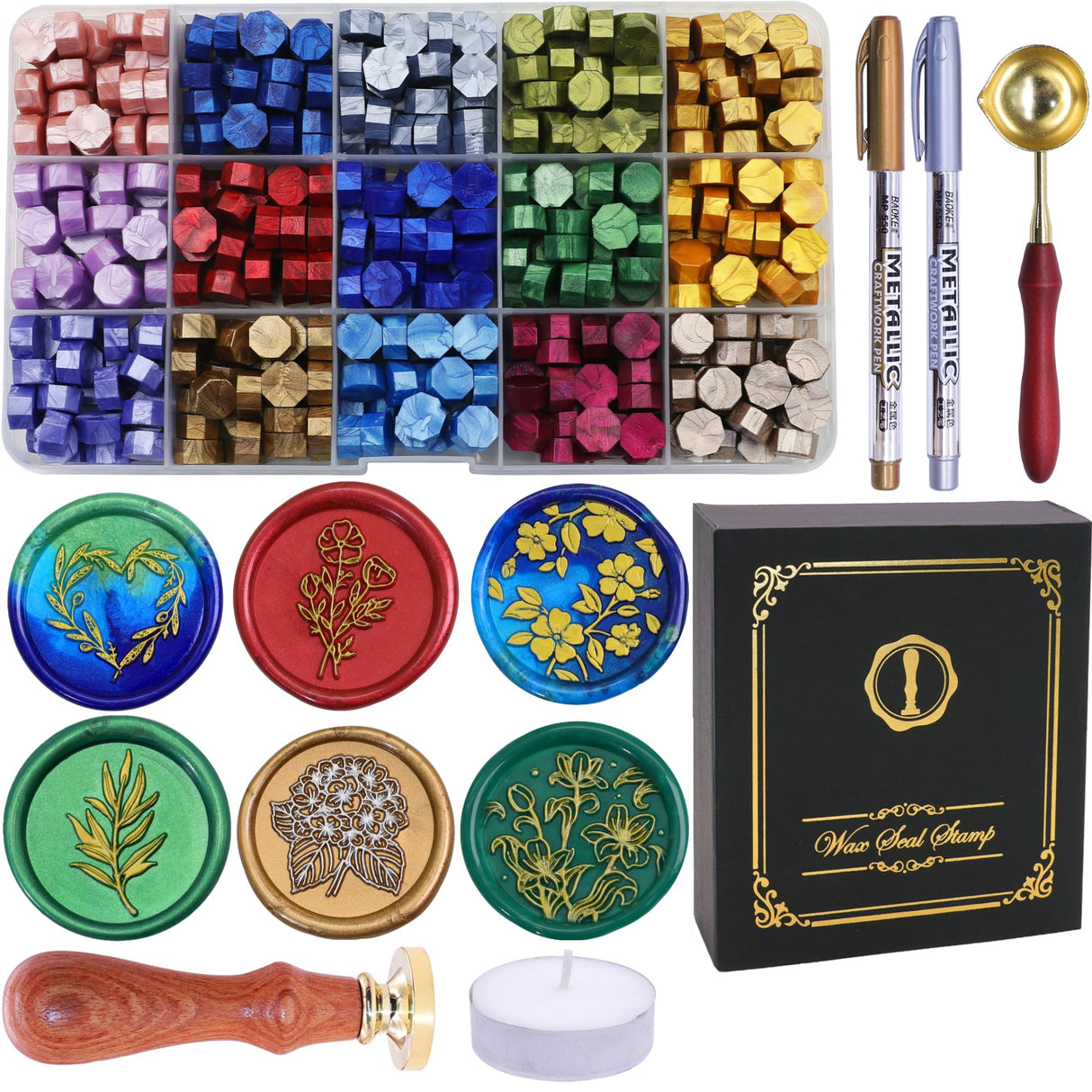 SWANGSA Botanical Flower Wax Seal Stamp Kit with 450pcs Sealing Wax Beads, 2 Pens and Spoon for Wedding, Invitations, Cards, Envelope, Christmas SWANGSA