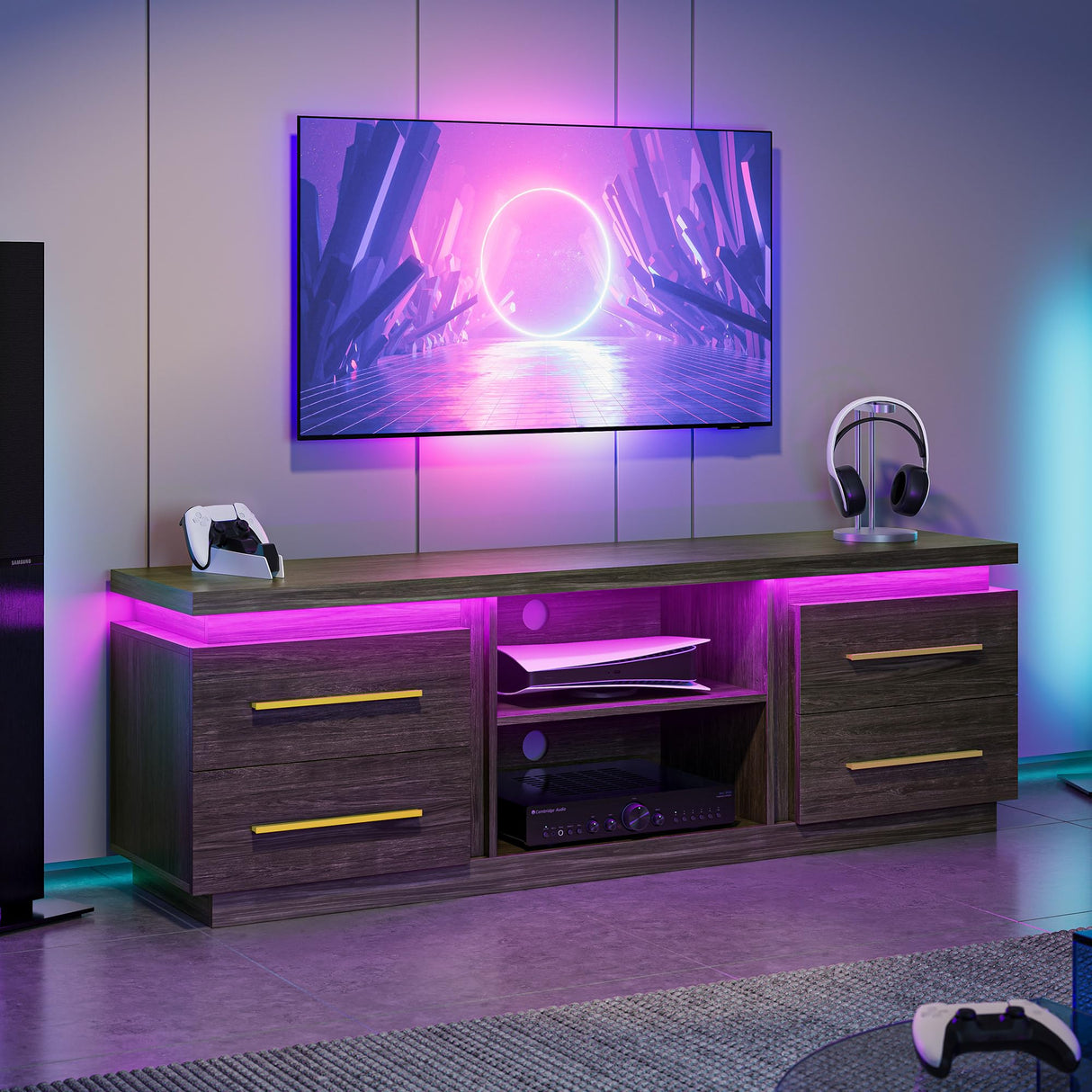 BELLEZE 66" TV Stand for TVs Up to 75", Entertainment Center with Music Sync LED Lights, Media Console Table Storage Cabinet with Open Shelves & Drawers for Living room, Bedroom - Hawthorn (Brown) BELLEZE