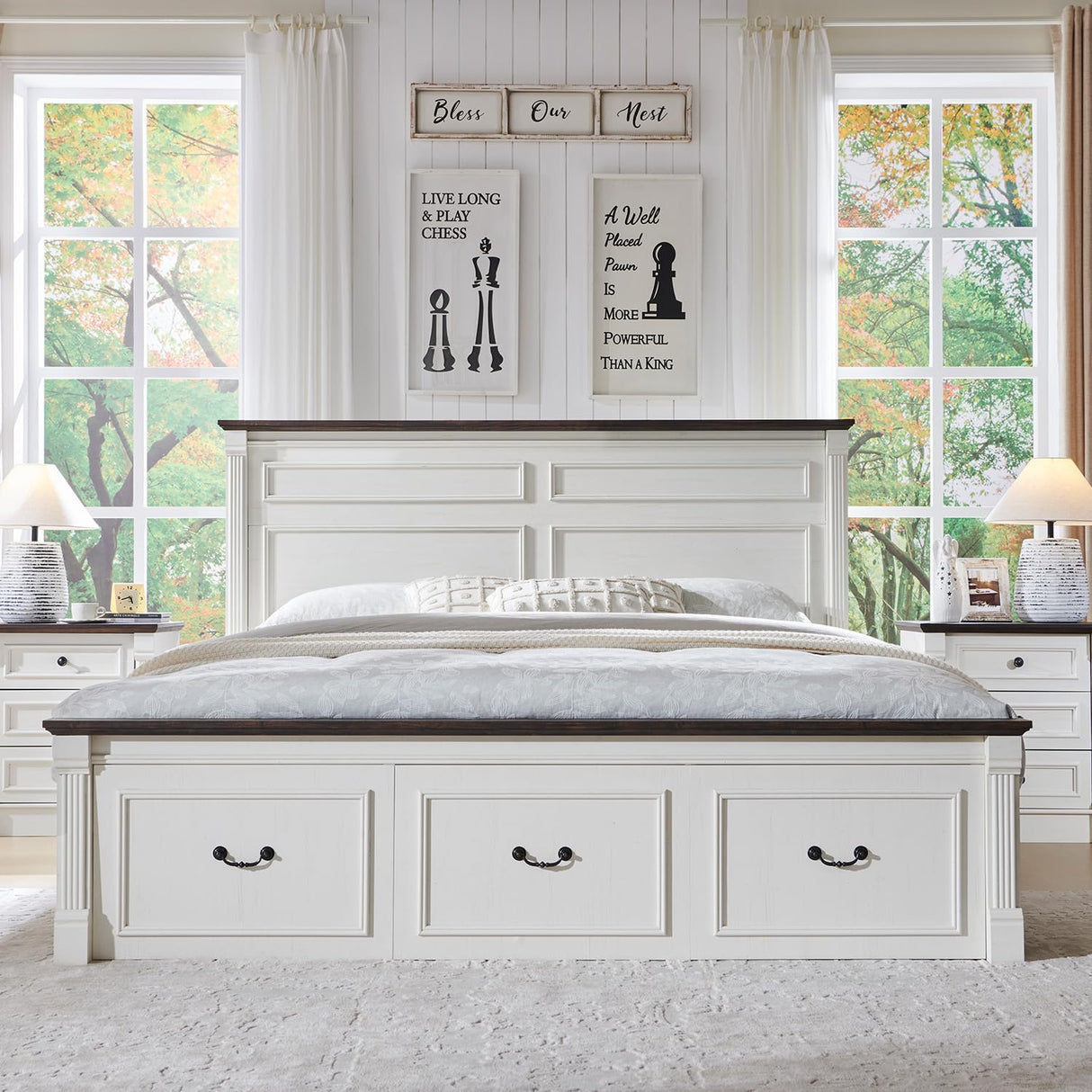 Aitjunz 26" Tall Farmhouse Nightstand Set of 2, 3 Drawers End Table w/Charging Station, 23.6" Wide Large Side Table w/Roman Column, Wood Rustic Sofa Table for Bedroom, White Aitjunz