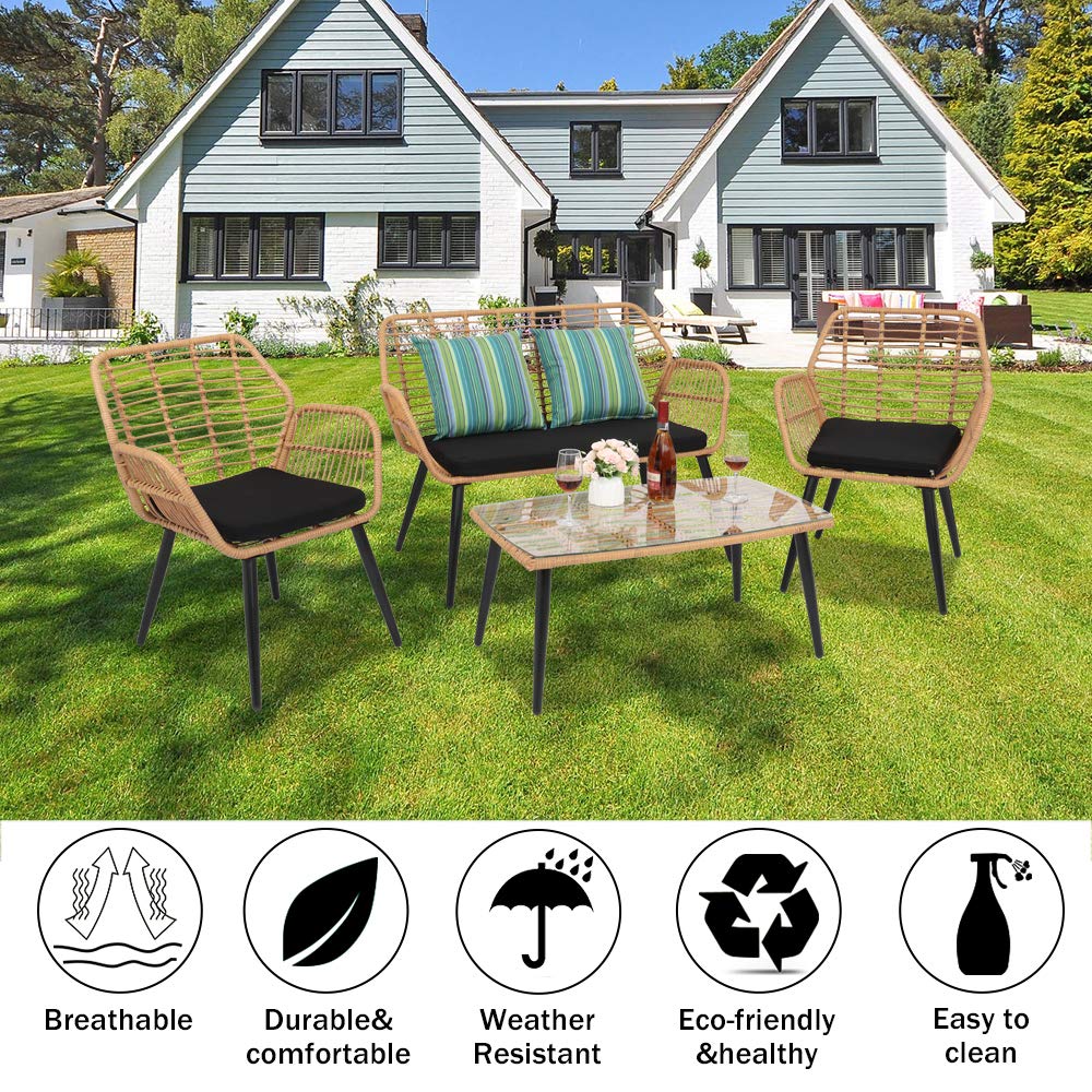 VINGLI 4 Pieces Outdoor Furniture Set Wicker, Rattan Patio Conversation Set with Cushions and Glass Coffee Table, Outdoor Sectional Sofa Set for Garden, Backyard, Poolside VINGLI