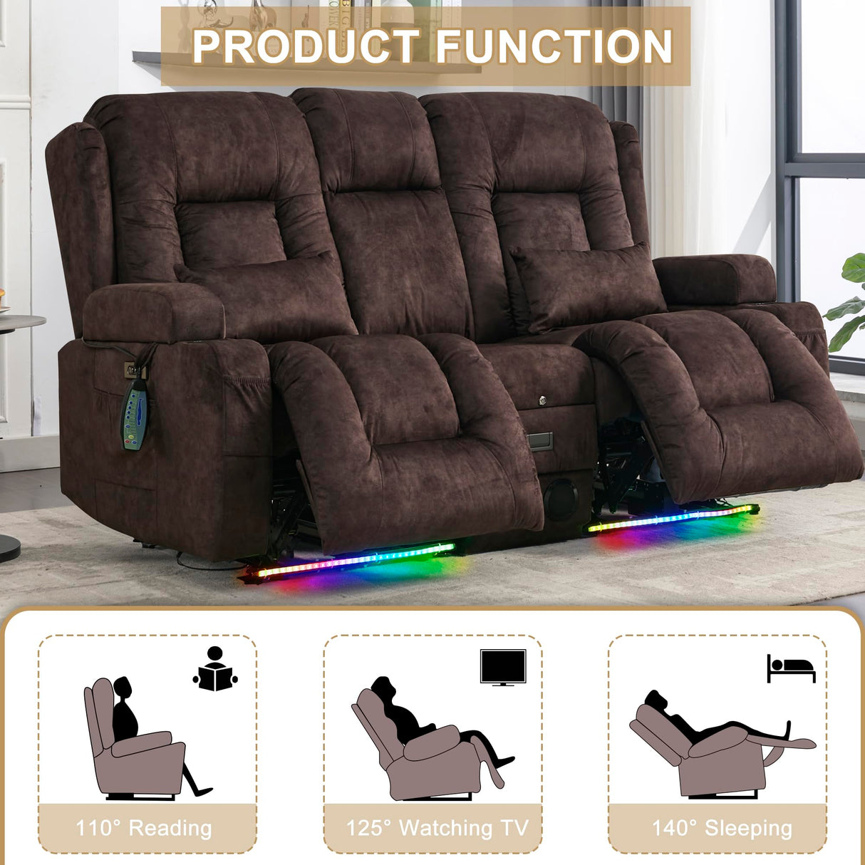 URRED Power Loveseat Recliner Sofa, Velvet Fabric Home Theater Seating with LED Ambient Light, Double Recliner RV Sofa with Flipped Middle Backrest/Bluetooth Speakers/USB/Built-in Outlets, Brown URRED