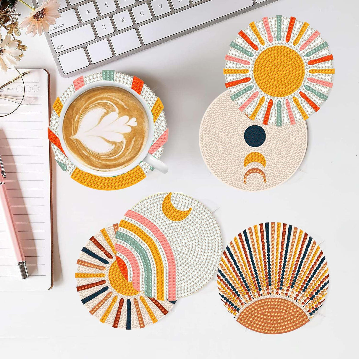 5D DIY Boho Minimalist Sun Moon Diamond Paintings Coasters with Holder for Adults Beginners, 6 pcs Round Full Drill Diamond Art Craft Supplies (Sun Moon QLBD-16) Generic