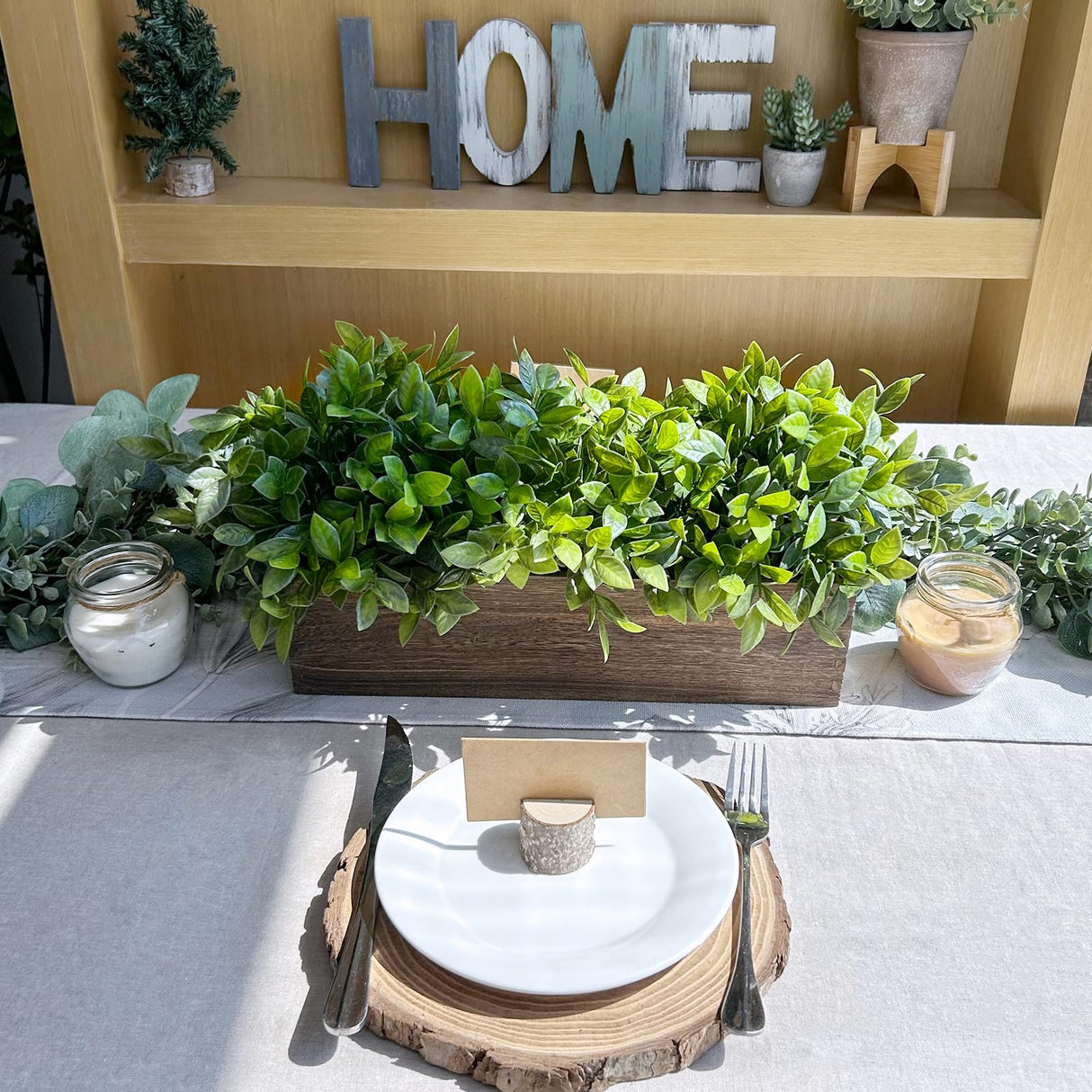 Winlyn 14" Artificial Boxwood Plants in Rectangular Wood Planter Farmhouse Greenery Arrangement Centerpiece Faux Potted Herb Plant for Wedding Dining Room Table Kitchen Windowsill Mantel Shelf Décor Winlyn