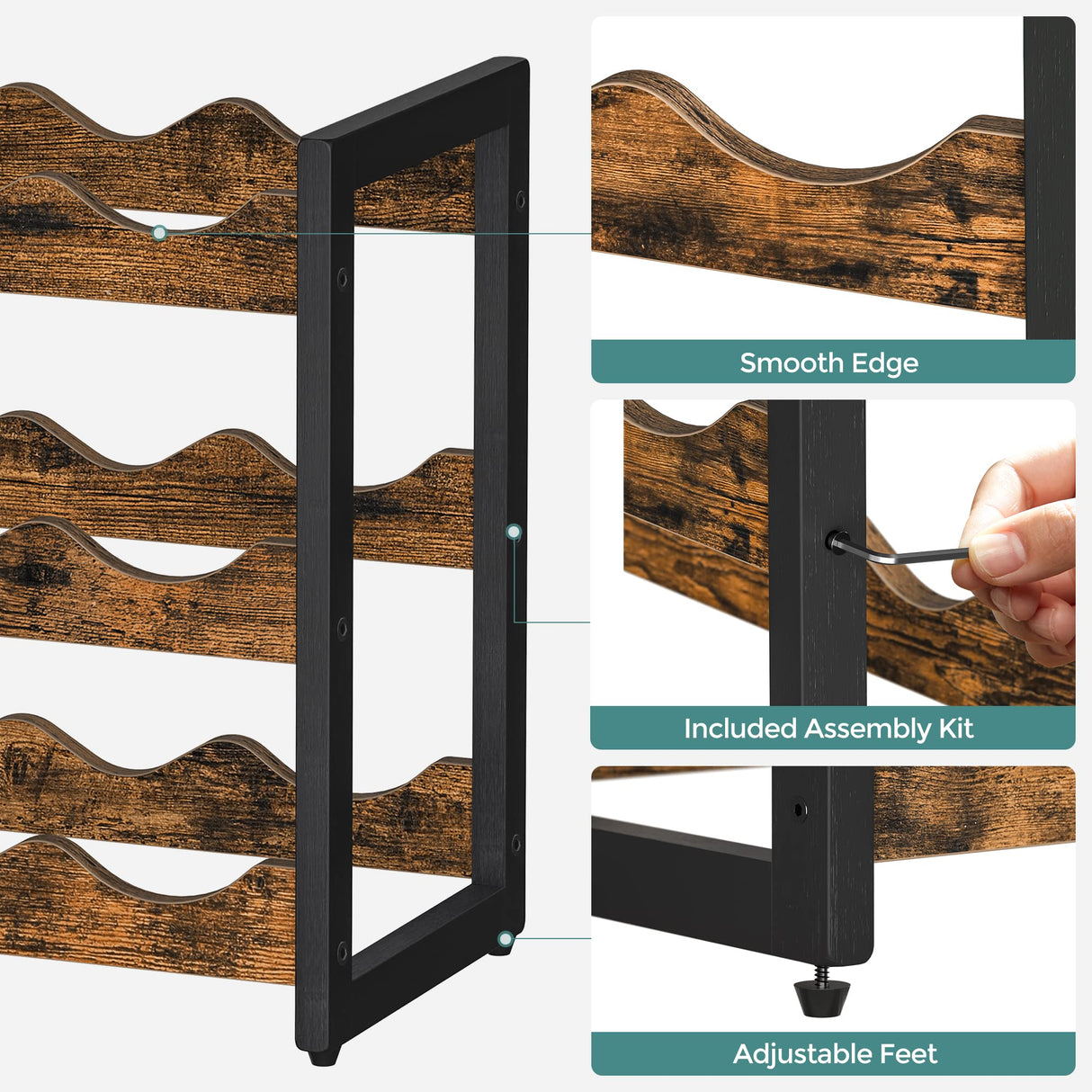 SONGMICS Wine Rack, 3 Tier Tabletop Wine Water Bottle Organizer Storage, Large Capacity Holds 12 Bottles, Bamboo Countertop Wine Holder Shelf for Kitchen Bar Cabinets Pantry, Rustic Brown and Black SONGMICS