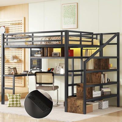 MoproBeti Full Size Loft Bed with Desk and Stairs,Metal Gaming Loft Bed with LED,Charging Station, High Loft Bed Full with Storage Shelves,Wardrobe and Drawers for Kids Teens, Adults, Black