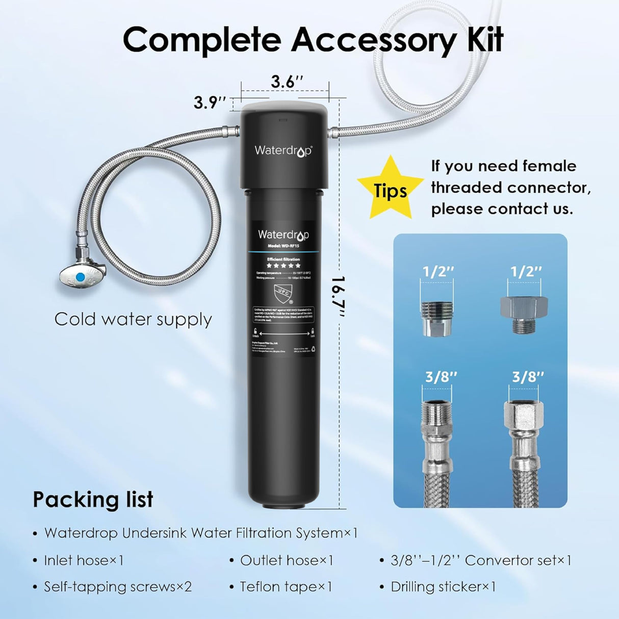 Waterdrop 15UA Under Sink Water Filter System, Reduces Lead, Chlorine, Bad Taste & Odor, Under Counter Water Filter Direct Connect to Kitchen Faucet, NSF/ANSI 42 Certified, 16000 Gallons, USA Tech Waterdrop