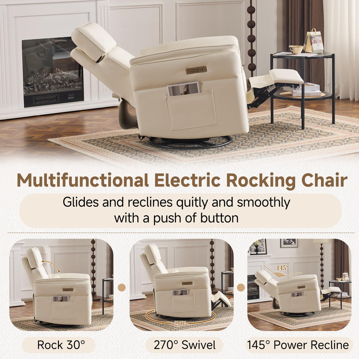 Power Recliner Rocking Chair Nursery Gliders with Adjustable Armrests and Headrest, Swivel Electric Glider Reclining Nursing Chair with USB Port and Storage Bags, FSC Certified(Leather, Beige) MELLCOM