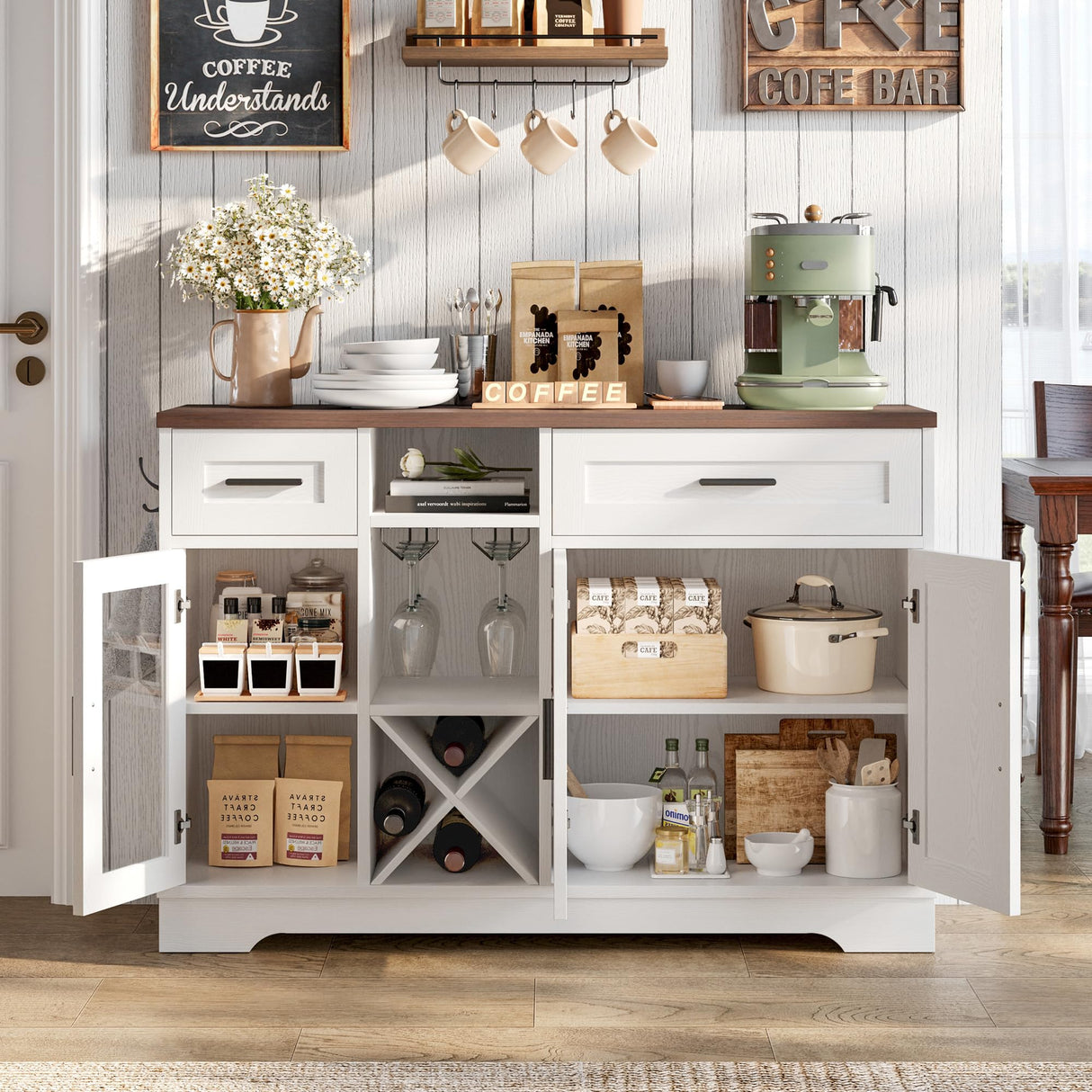 ANCTOR Coffee Bar Wine Cabinet, 47.3" Farmhouse Coffee Bar Cabinet with Glass Holders, Wine Bar Cabinet with 2 Drawers, Racks for Liquor, Wooden Sideboard for Dining Room, Living Room, White ANCTOR