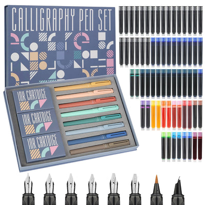 GC QUILL Calligraphy Pen Set 74pcs- 8 Calligraphy Fountain Pens with Varied Nibs, 66 Ink Cartridges(14 Colors)-Writing, Drawing, Calligraphy Practice for Beginner GC-F866