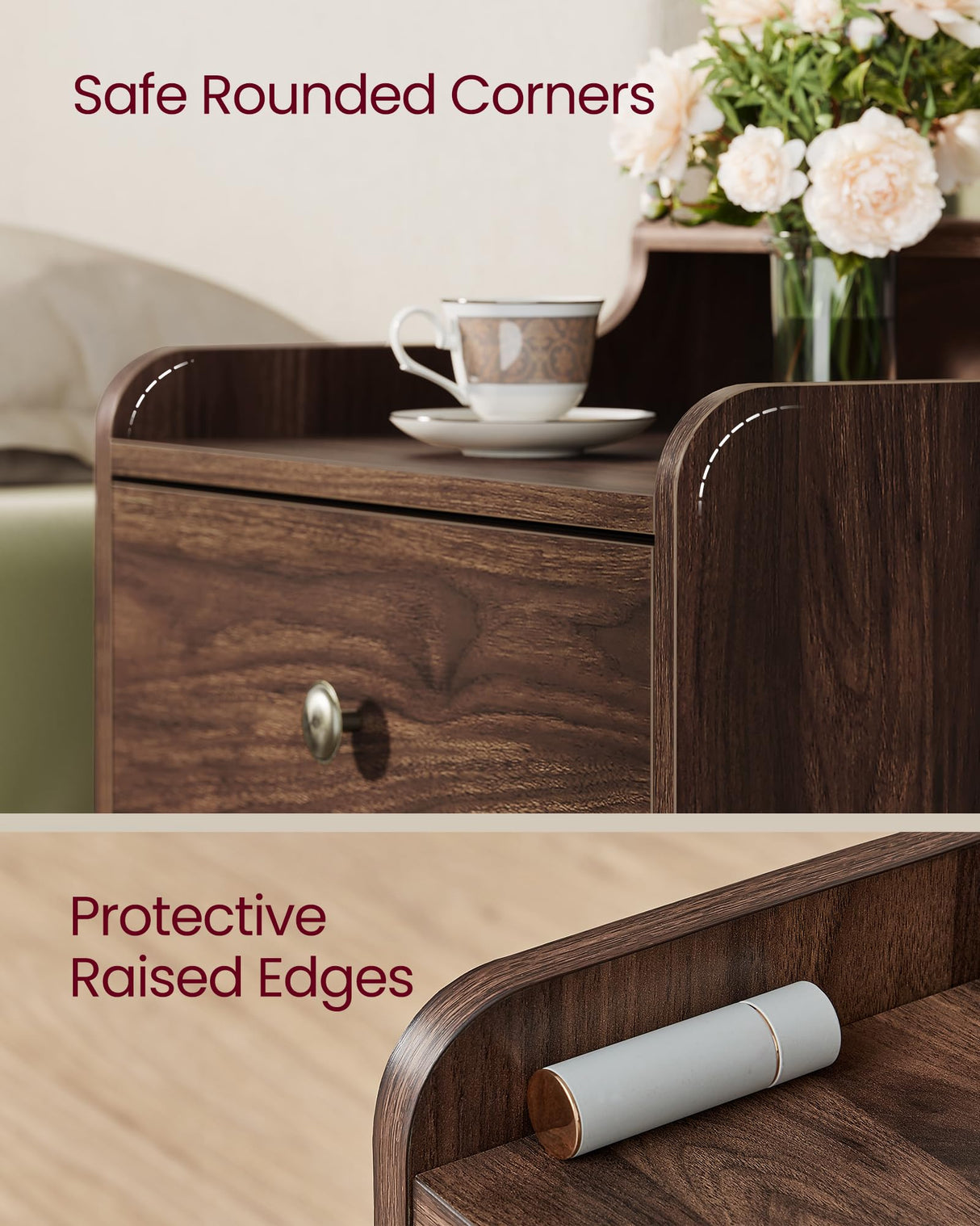 VASAGLE Nightstands, Set of 2, Bedside Tables with Hidden Drawers, Mid-Century End Tables with Solid Wood Legs, Side Tables for Bedroom, Natural Walnut ULET624K01 VASAGLE