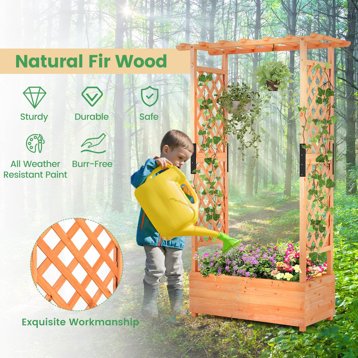 Giantex Set of 2 Raised Garden Bed with 2-Sided Trellis & Hanging Roof, Fir Wood Planter Box w/Drainage Holes, Freestanding Garden Planter for Flowers Herbs Climbing Vines (43.5" x 17.5" x 72") Giantex