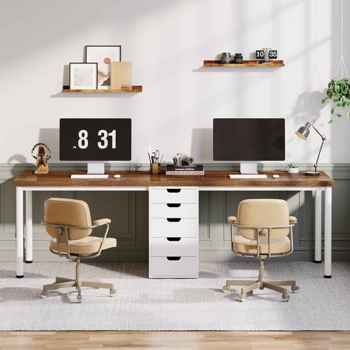 Tribesigns Two Person Computer Desk with 5 Drawers, 78.7 Inches Extra Long Double Office Desk, Modern Simple Double Computer Desk Study Writing Table Workstation for Home Office(Brown/White) Tribesigns