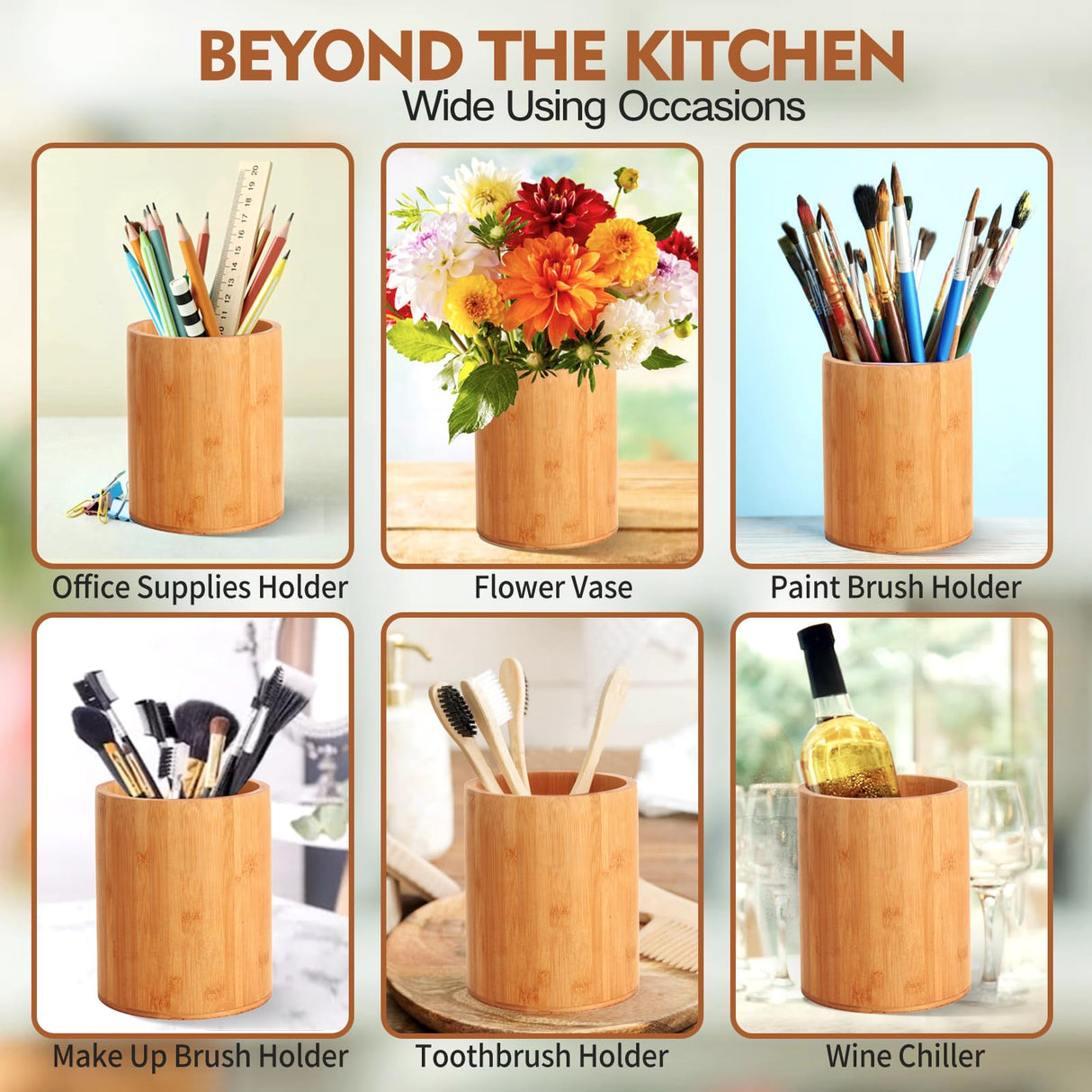 Bamboo Utensil Holder, Large Utensil Holders for Kitchen Counter, Bamboo Spoon and Chopstick Holder for Kitchen Decor, Flatware and Spatula Storage Organizer, for Countertop, Pantry and Bathroom SLNIHAMS