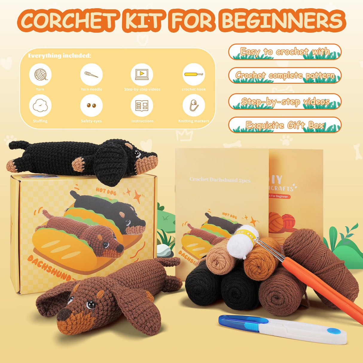 Crochet Kit for Beginners - 2 PCS Dachshund Crochet Kits with Step-by-Step Video Tutorials, Beginner Crochet Kit for Adults, Crochet Animal Kit for Kids, Dog Crocheting Set (Brown & Black) Fortuning's JDS