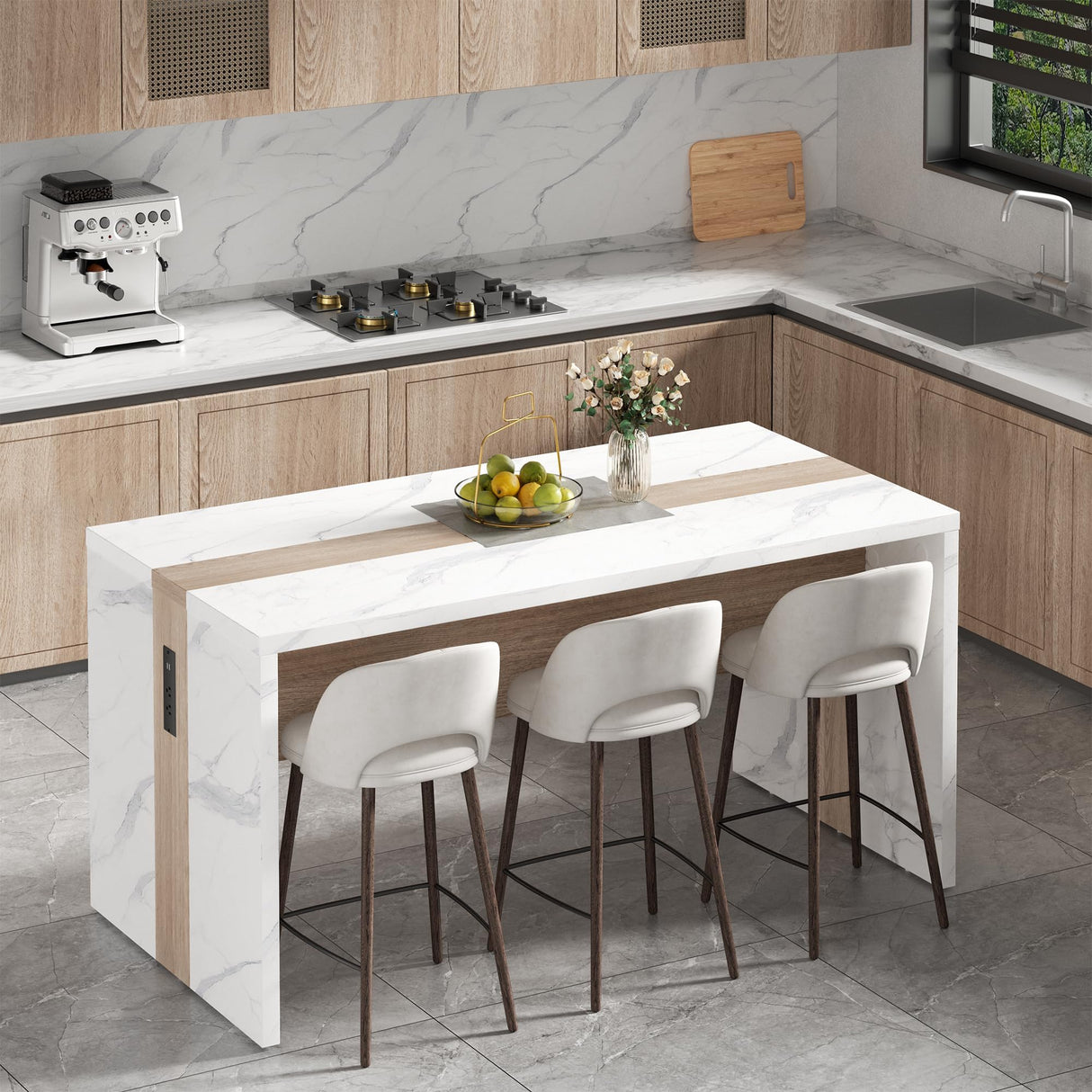 63" Large Island Table for Kitchen with Charging Station,Faux Marble Wooden Dining Table for 4-6 People,Modern Luxury Kitchen Island with Multi-Color LED Mood Lighting & Stylish Grill Design TRONLEE