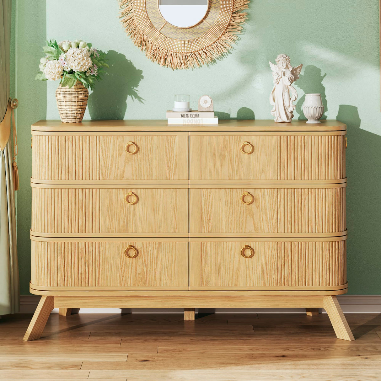 HUAHUU 6 Drawer Rattan Dresser for Bedroom, 43'' Fluted Modern Wooden Dresser with Metal Handles&Wood Legs, Curved Profile Design, Boho Chest of Drawers for Bedroom, Living Room, Natural HUAHUU