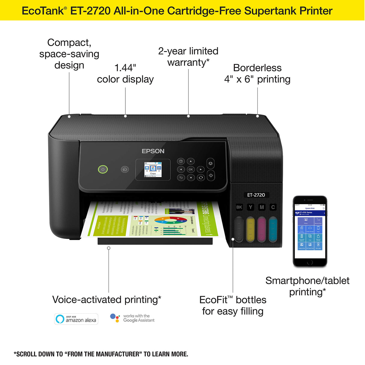 Epson EcoTank ET-2720 Wireless Color All-in-One Supertank Printer with Scanner and Copier - Black Epson