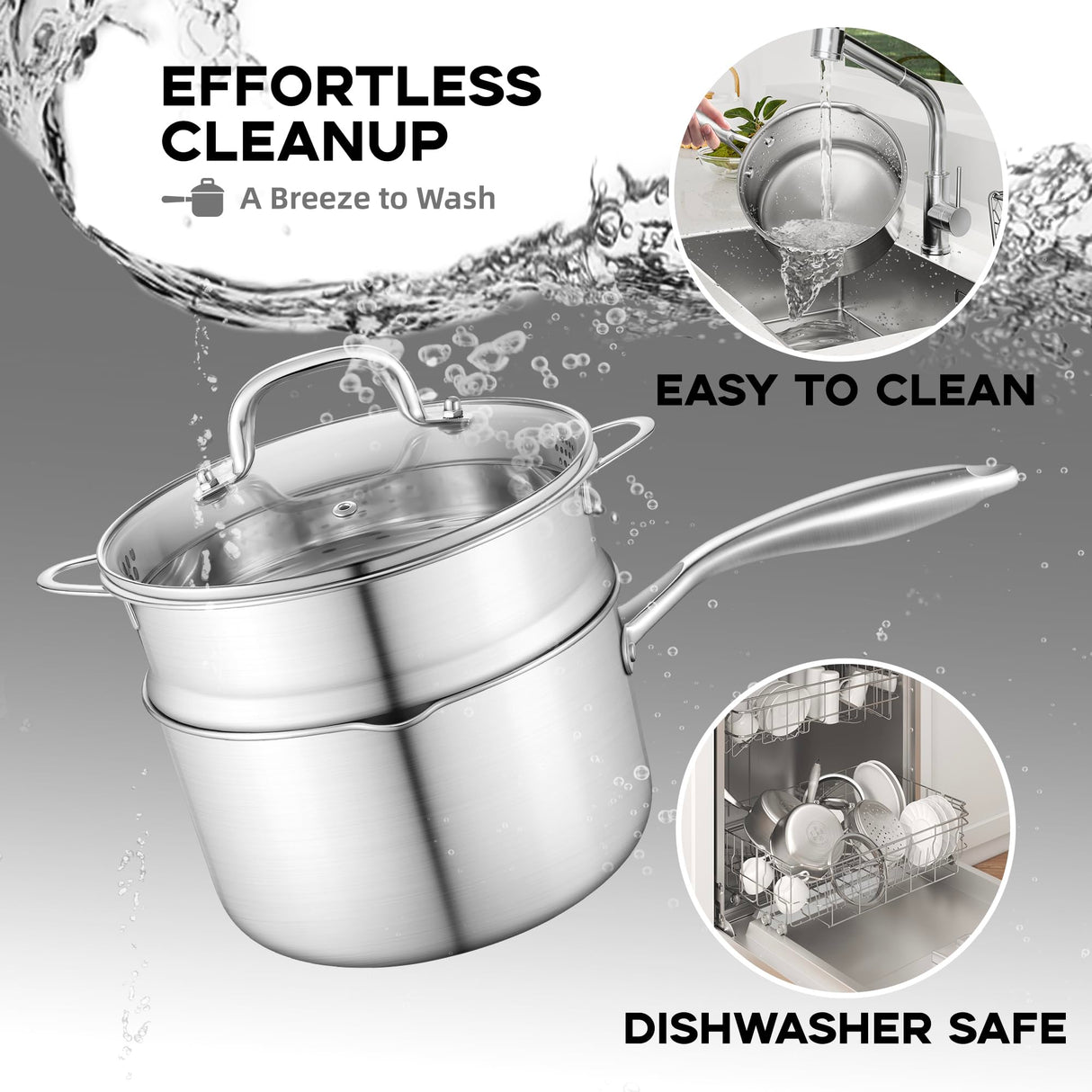 Leetaltree 2.5 Quart Stainless Steel Saucepan with Steamer Basket, Tri-ply Construction, Versatile Sauce Pan with Double-sized Drainage Lid - Perfect for Cooking Gravies, Pasta, Vegetable and More Leetaltree