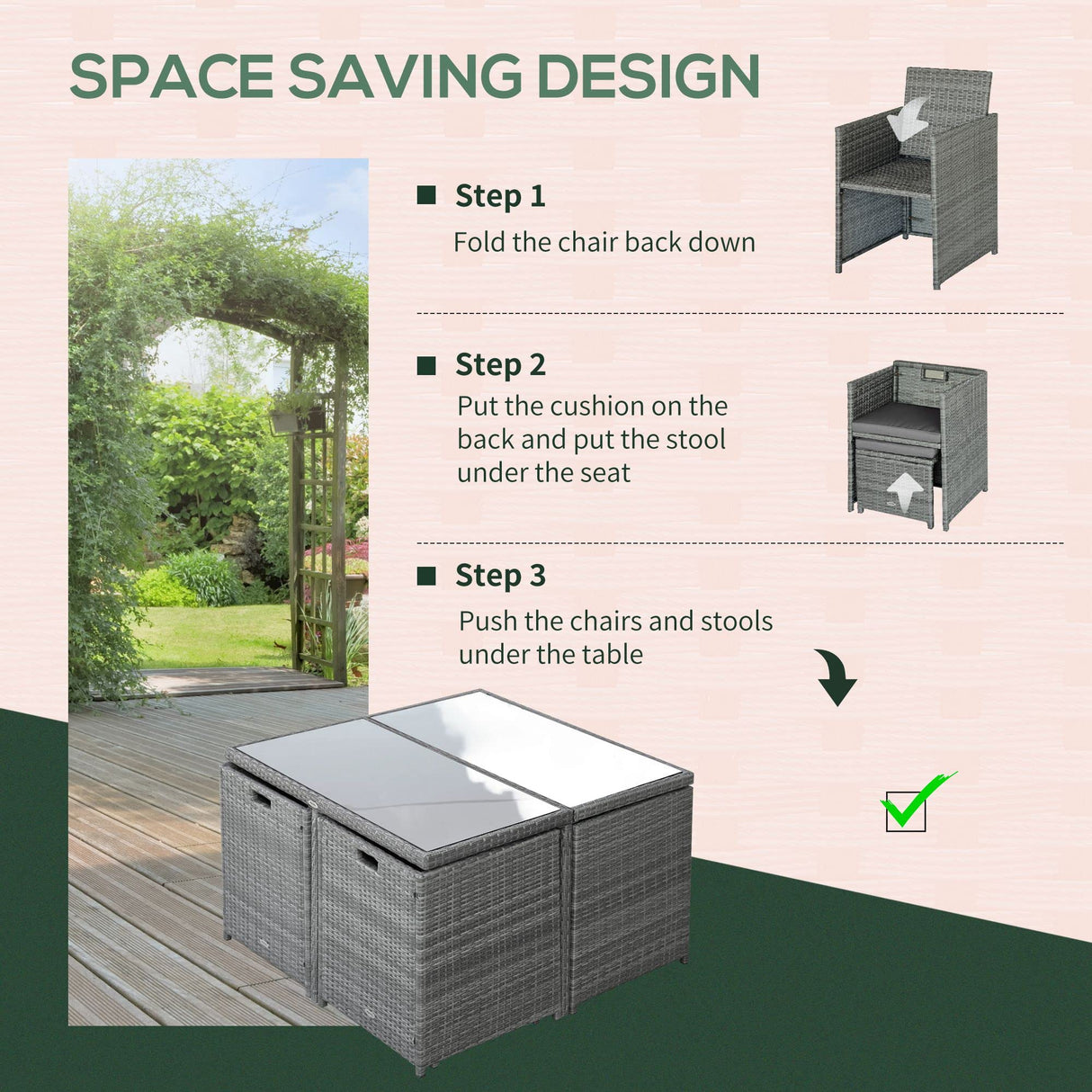 Outsunny 9-Piece PE Rattan Patio Furniture Set, Outdoor Wicker Patio Dining Set, Cushions, 4 Armchairs, 2 Easy-Store Ottoman Footrests, 1 Tempered Glass Center Coffee Table, Dark Gray Outsunny