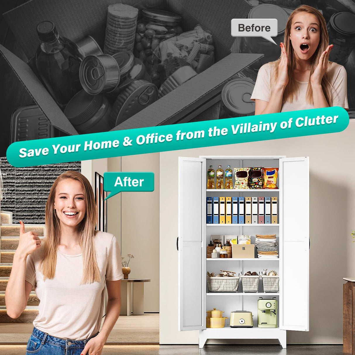 75" Tall Pantry Cabinet,Farmhouse Kitchen Pantry Storage Cabinets with 2 Doors and 4 Shelves,White Metal Storage Cabinet,Large Cupboard for Home,Kitchen,Dining/Living Room SISESOL